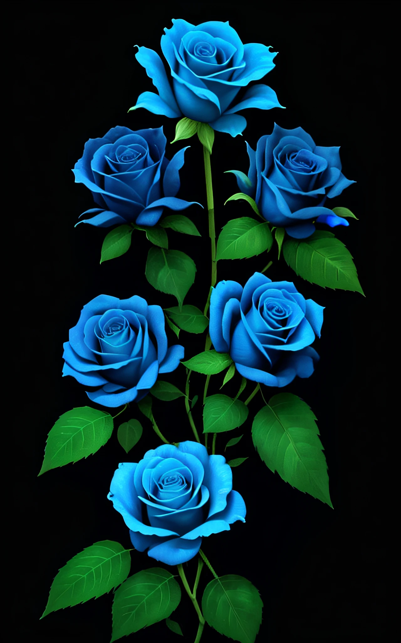 Close up of green leaves and blue rose on black background, Blue roses rendering, neon flowers, a glowing neon flower, a glowing flower, red neon roses, Blue Rose, Luminescent plants, Luminous flowers, with glowing blue lights, Blue - petals, Glowing blue, traced lighting path, glowing plants, Bioluminescent plants, Blue Neon