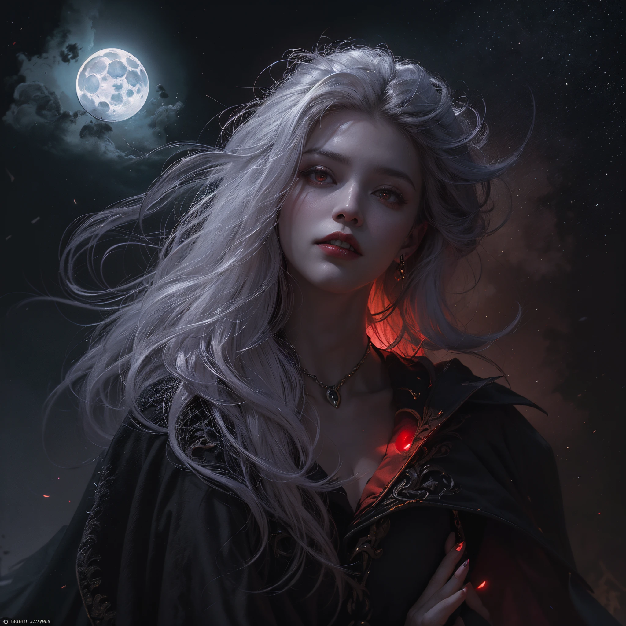 (Award-winning masterpiece, incredibly detailed, textured and maximally detailed), (hyper realistic: 1.4), (realistic: 1.3), (upper body a1.8), ((medieval world)), (top quality realistic textured skin), beautiful vampire high ranking wizard: 1.7), (2 thick, long, sharp vampire teeth protruding from lips: 1.7), (red wizard wearing black hat: 1.6), (delicately decorated jet black cape: 1.6), (delicately decorated cape, damaged and faded: 1.5), (dense true circle symmetrical and eye catching dense and beautiful face: 1.6 ), (aesthetic and decadent atmospheric image: 1.6), (pale but beautiful skin and face: 1.6), (wearing a lot of decadent and delicately crafted accessories: 1.8), (strongly luminous magic circle: 1.3), (bioluminescent bright red eyes: 1.7), (debased beauty: 1.6), (from the inside pair of red eyes with intense red light: 1.7), (elegant and lavishly crafted accessories: 1.8), (little skin exposure: 1.5), (strong moonlight coming from outside: 1.7), ((dramatic photo)), ((cinematic light)), (full-length portrait: 1.7), ( Looking Down)), (Dramatic Pose)), (Smoke Effect and Bewitching Light:1.4)), Beautiful White Hair, Beautiful Silver Hair, Beautiful Beautiful Blonde Hair, Wind Effect, (Drifting Purple Smoke: 1.3)), Old Castle Site, ((Dark Night, Full Moon Night, New Moon Night)), Epic Realistic, Fading, ((Midnight Color ))), art book, (ticker:1.5), (muted colors:1.2), hyperdetailed, (art station:1.5), cinematic, warm lights, light effects, dramatic light, (elaborate detail:1.1), background complex, (Greg Rutkowski:0.8) (teal and orange:0.4), (teal and orange:0.4), (teal and orange:0.4), (teal and orange:0.4)