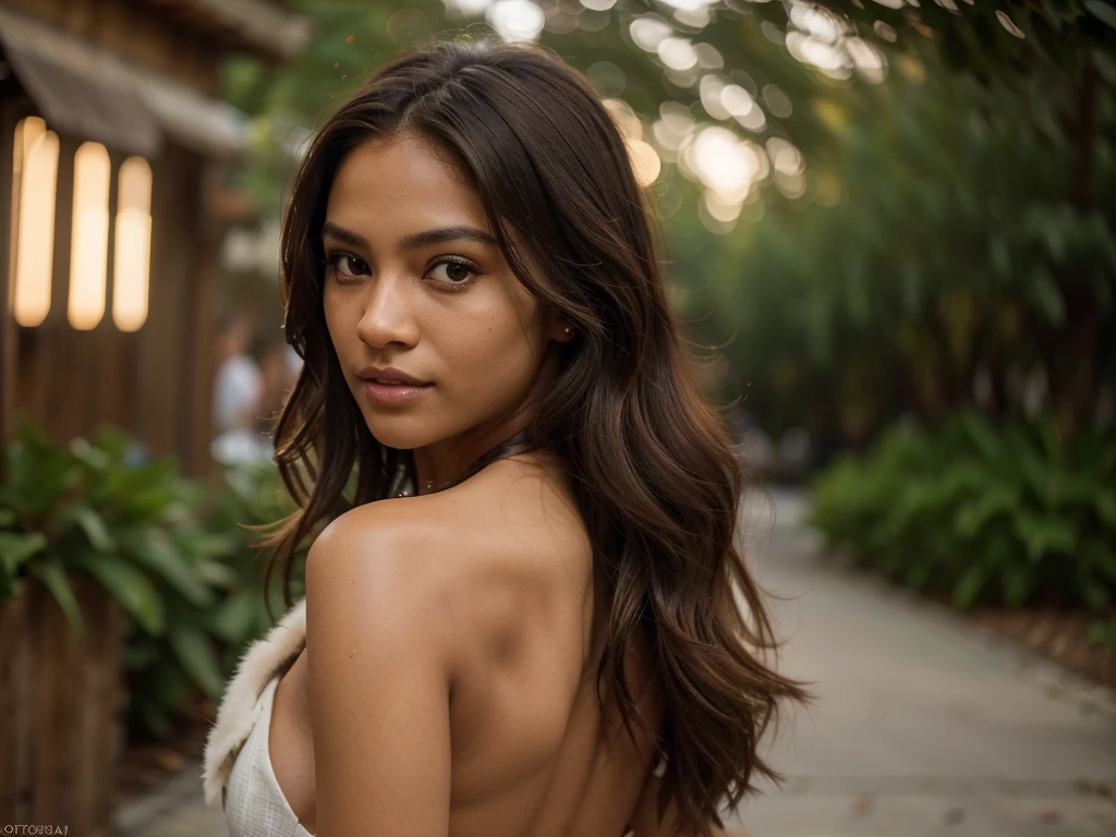 best quality, ultra high res, (photorealistic:1.4), masterpiece, 1girl, brown skin color, brown_eyes, from_behind, fur_trim, hair_over_one_eye, lips, long_hair, make up, looking_at_viewer, looking_back, nose, photo_(medium), photorealistic, realistic, solo, teeth, upper_body, shot with Sony Alpha a9 II and Sony FE 200-600mm f/5.6-6.3 G OSS lens, natural ligh, hyper realistic photograph, ultra detailed –ar 3:2 –q 2 –s 750