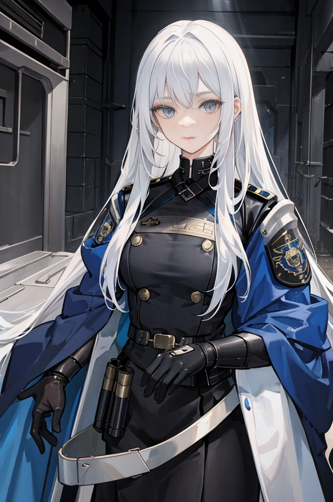 (masterpiece, best quality), white hair, long hair, looking at viewer, blue eyes, Sci-fi imagery, subtle steampunk, military uniforms, police-like organization uniforms, combat-friendly attire, partially armored, futuristic, functional, simple design, (1woman), 20 years old, upper body,