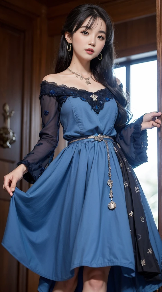 Best Quality, mastery, Detailed hair, high resolucion, (((yunyun))) ,necklaces, Hair ornaments, (beautifull face), blue dress, looking up at viewer, Blue hair, Standing, (Above the waist),witches