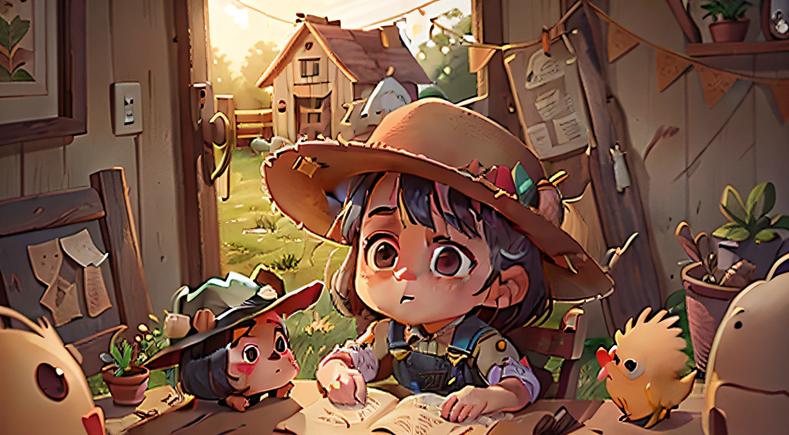 garota agricultora chamada papoula, vestindo roupas de cowboy, cowboy hat, (menina bonito) (5 a 6 anos) no galinheiro, olhando curiosamente pela porta, Escuro (lugar escuro: 0.8) (Desordem - Casa: 0.8), (master part: 1.2) (Realistic: 1.2) (Bokeh) (best quality) (detalhes complexos) (8k) (foco nítido), (pele detalhada: 1.2)