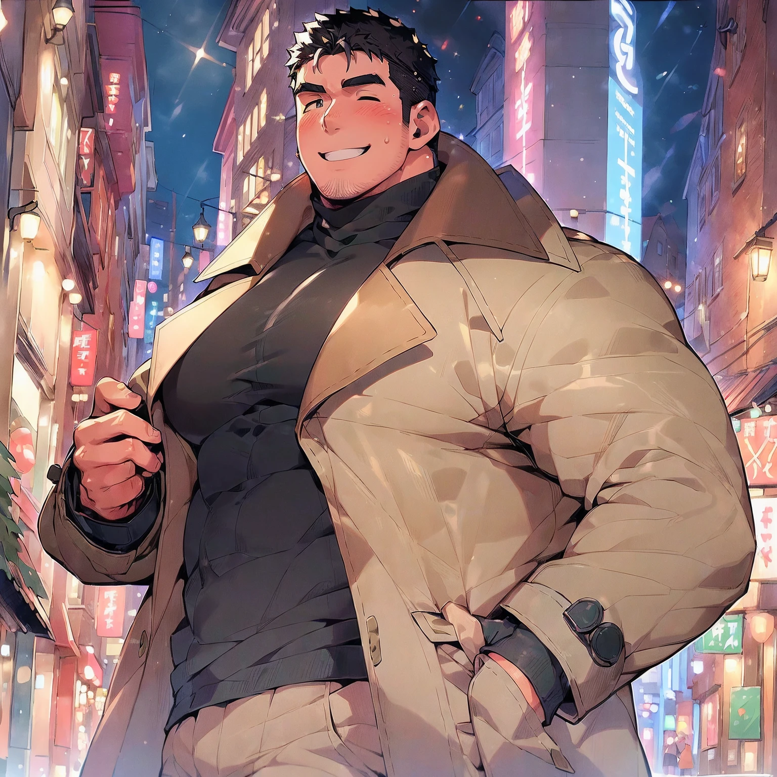(masutepiece:1.2),(Award-winning original photos:1.2),(Beautiful Christmas illuminations 1.5),stylish european street、(Anime style:1.2)、chris redfield, (solo male sharp focus:1.5)、[(muscular:1.2)|Musclegut], matured male, ([Massive|:1.2)Stocky], cropped hair、(Bigchest),Ultra-detailed eyes、hyperdetailed face、(Long coat:1.1)、(Black turtleneck:1.1)、Popular on pixiv、(close up of face:1.4)、blushed face、a handsome、(Smiling smile:1.2),closed her eyes