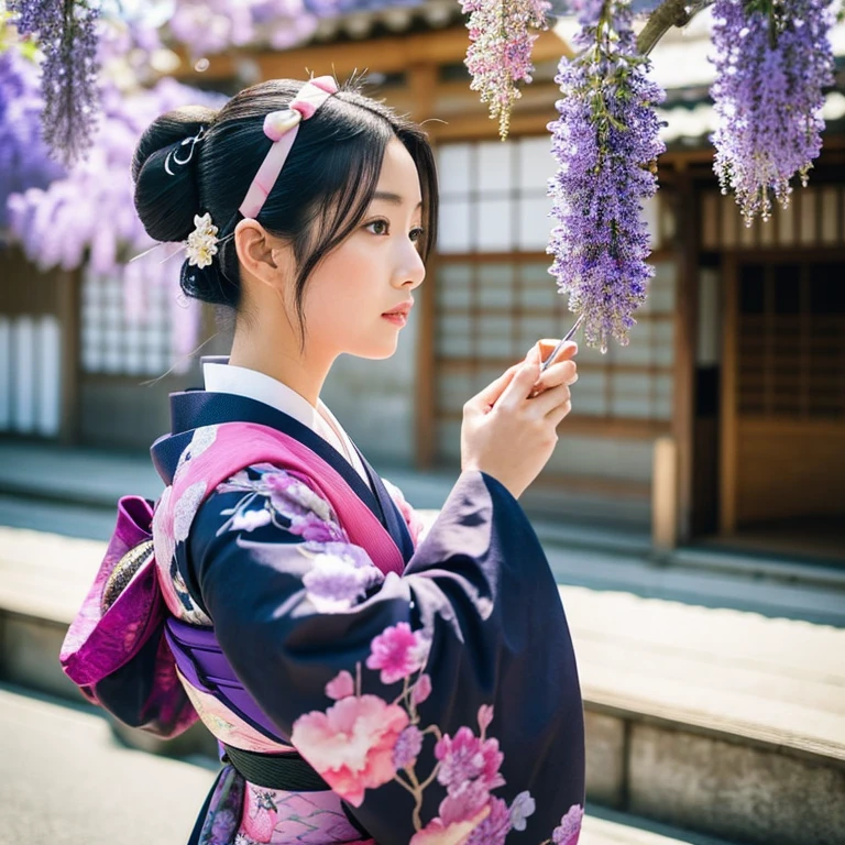 Realistic depiction，High quality and accurate in detail，5 fingers on the hand，japanese beauty girl，Streets of Kyoto，Kimono，If you look back, you can see the profile.。her hair is tied up like a chignon.，wisteria flower hairpin，The pattern of the kimono is pale mauve.、The closer you go to your feet, the darker the gradation becomes.。.，Kimono is furisode，In his hand, He has a small plastic bag with two kingos in it..