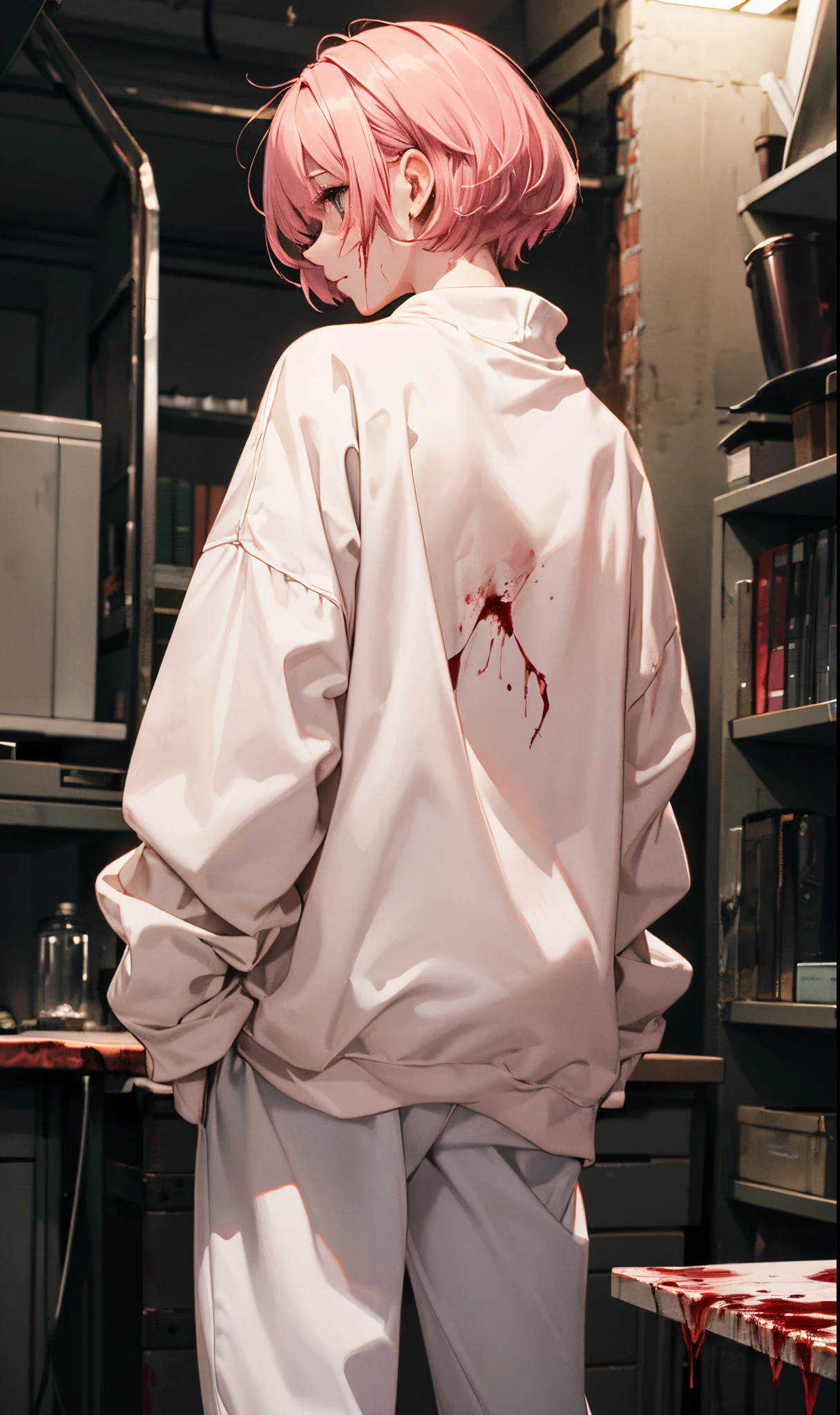 Lengh shoulder pink hair, short hair, girl, white lab clothes, turned back, detailed, at lab, dark atmosphere, horror, bloody clothes, white pants, white long sweatshirt