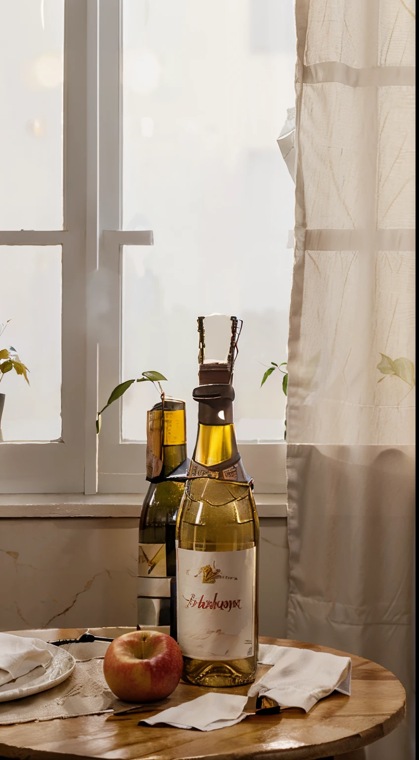 Close-up of the scene，scene capture，photore，tmasterpiece，There is a bottle of white wine on the table、Apples and peaches, Napkins and wine glasses, Window lighting , Background curtains, Still life impasto painting , Deep dark background, white wine label, festive atmosphere，c4d，Empty product display scene，Front view，first person perspective，Head-up shooting，Real-world scenarios，without humans