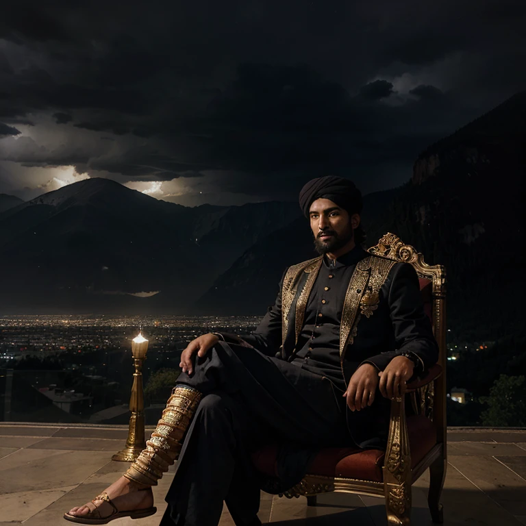 Aurangzeb Alamgir sitting on his throne in cloudy night thunder lighting behind him dark mountains in the background