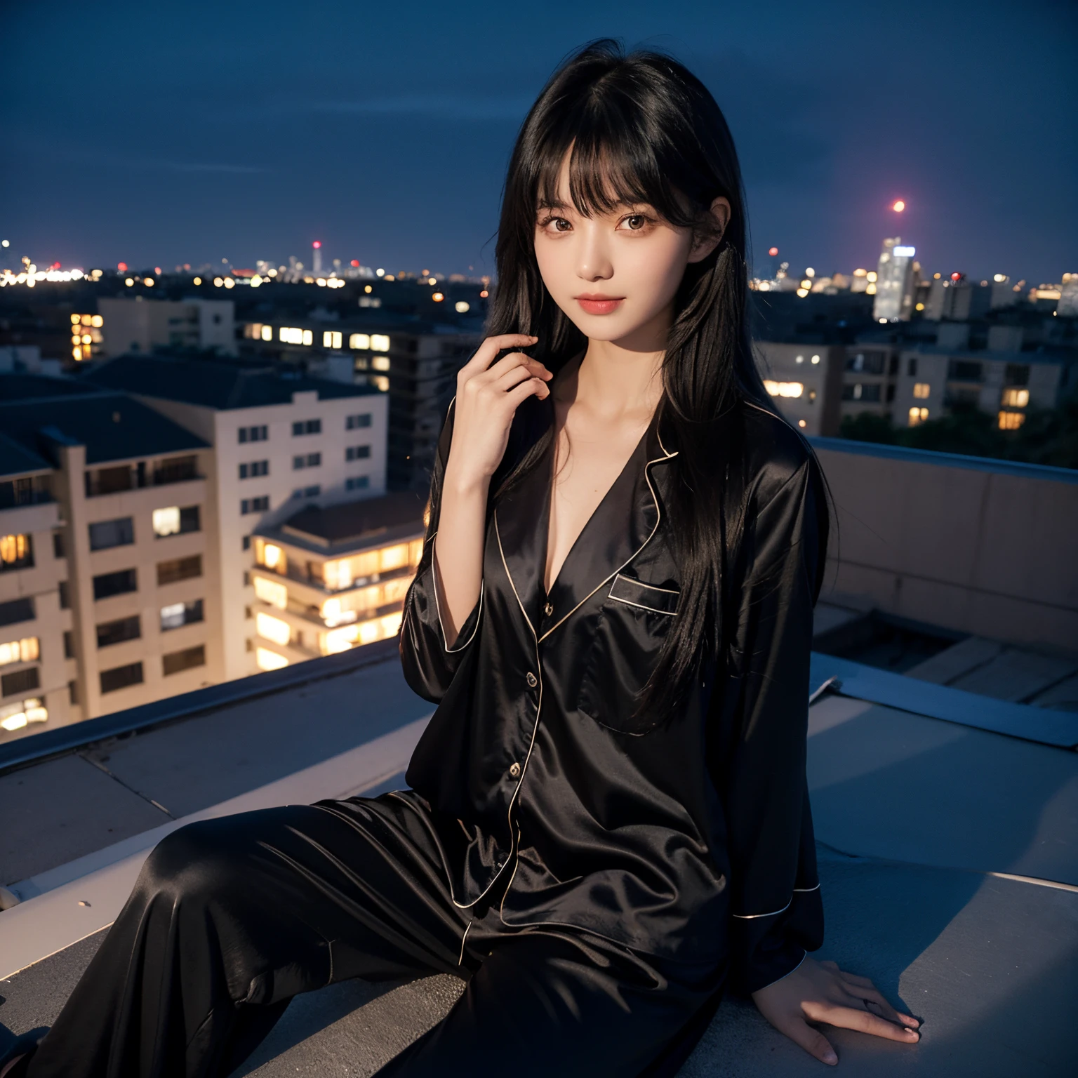 20years old, Long black hair, loose hair, bangs on her head, Brown eyes, middle chest, Night pajamas, night pants, black pajamas, sitting on the roof of a two-story residential building, night city,little smile, looking straight,right angle,even lighting