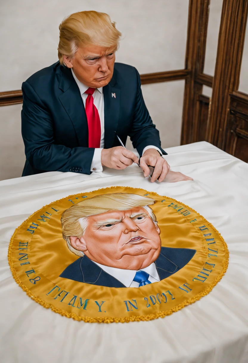 Embroidering Trump on silk