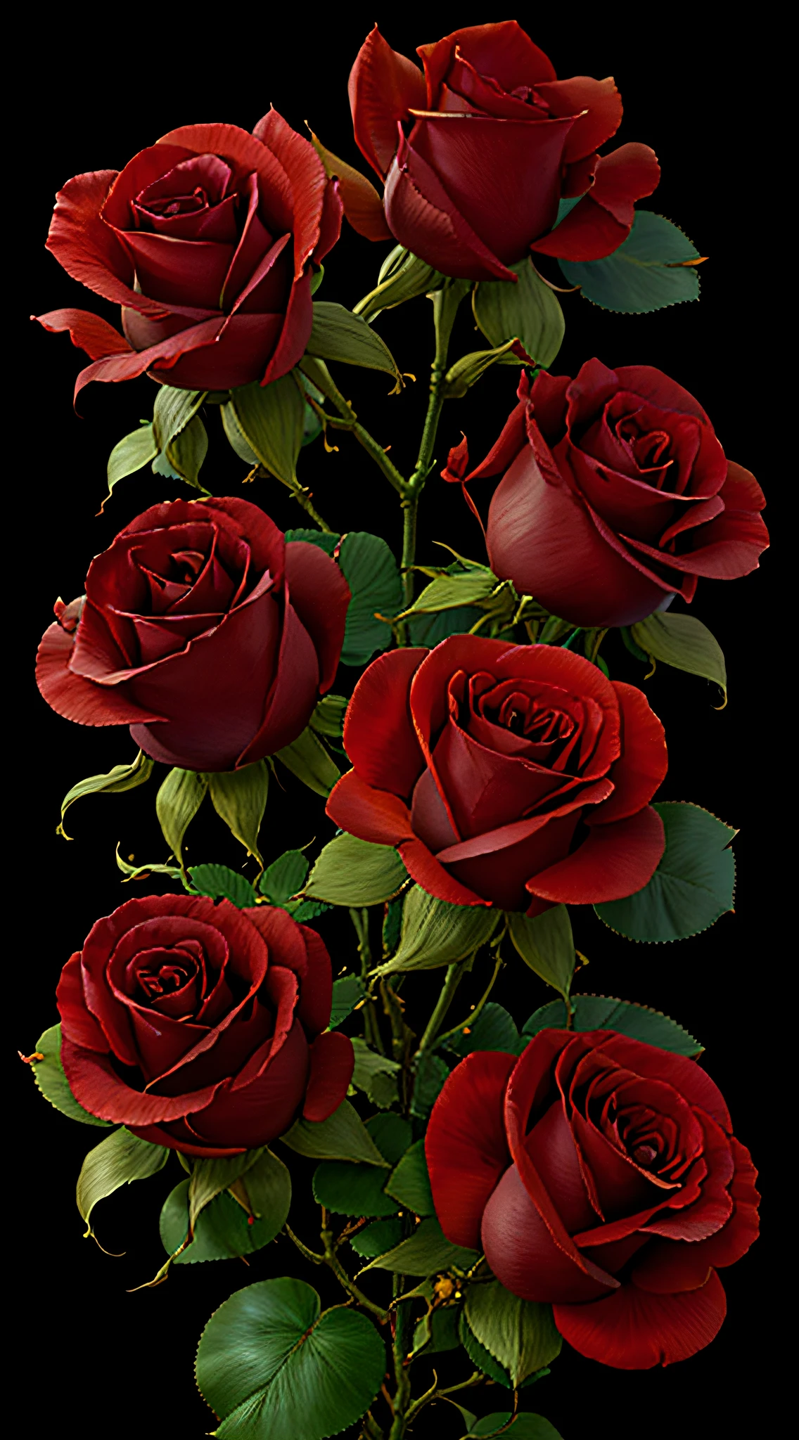 three crimson roses, Three crimson roses on the tree,Rose,Pitch black background,High resolution,High quality