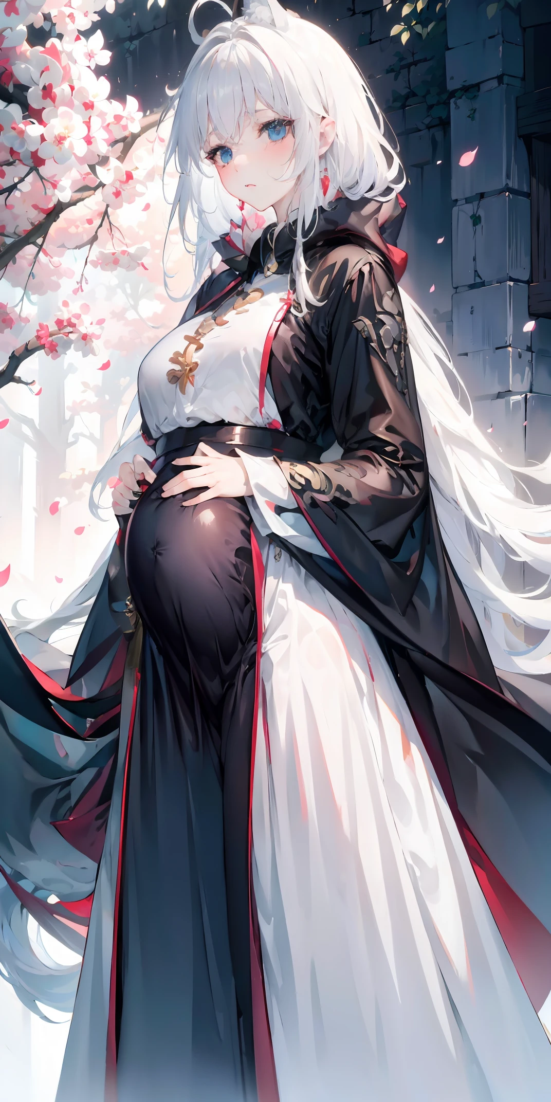 Fox ears, white ash hair, anime girl, black shirt, white skirt, (black cloak:1.2), pale face, sweating, heavy breath, blushing, pregnancy  dresest quality:1.2), ultra-detailed,realistic ,portraits, vivid colors, soft lighting, interesting PoV, stocking, straight hair, pregnant, Pregnant  belly,