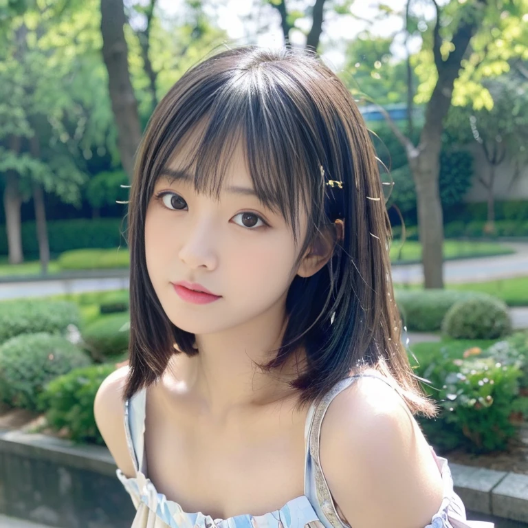 (Best Quality,4K,8K,hight resolution,masutepiece:1.2),Ultra-detailed,extremely detailed eye and face,Beautiful detailed eyes,Beautiful detailed lips,long eyelashes,Realistic,Photorealistic:1.37,Young Japan,fine-grained white skin,high waist mini pleated skirt,White tank top,beautiful and magnificent composition,Marshmallow-like skin,masutepiece,Attractive,Cute,absolute territory,dark blue knee socks,Silver hair color,silky smooth and straight hair,with round face,sunny outdoors,Silver hair color,