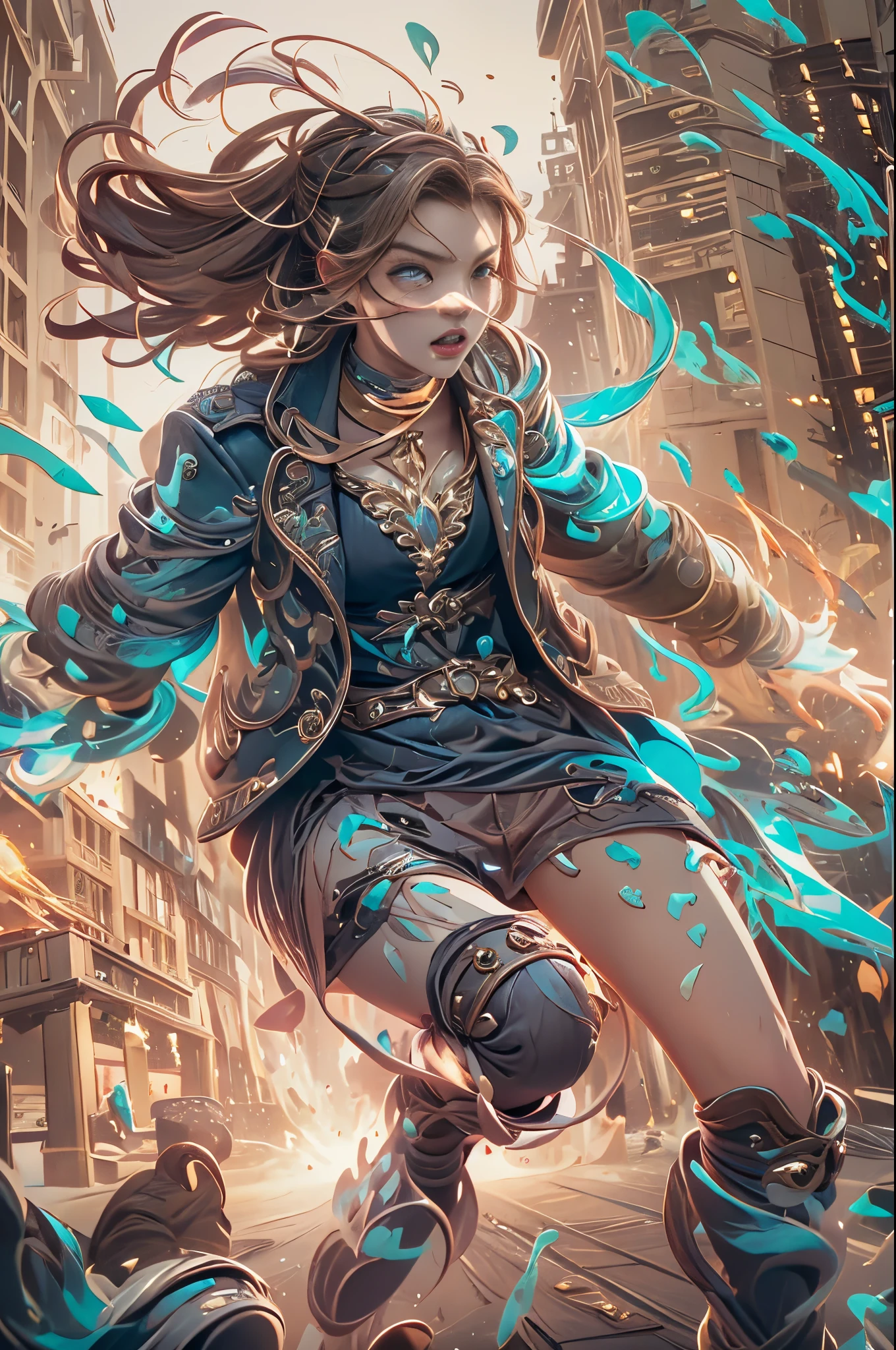 Generate images that express dynamic battle scenes with impressive speed lines. (fighting spirit々Illustration of girls colliding violently:1.4), Adopts a line with a sense of speed、. Include elements such as the hustle and bustle of the city in the background, Smoke, Reflects blue light to create a vibrant atmosphere. We create videos that capture energetic and powerful moments.....