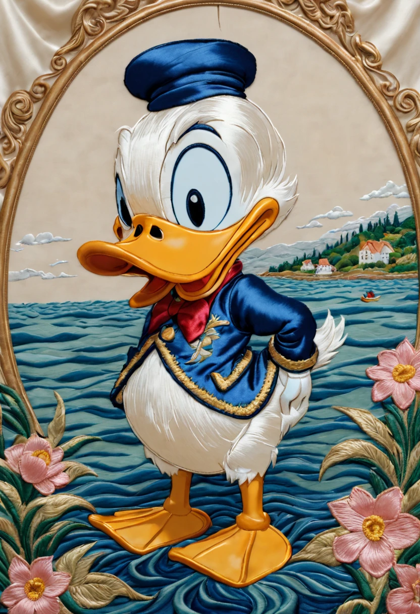 Embroidery Donald Duck on silk