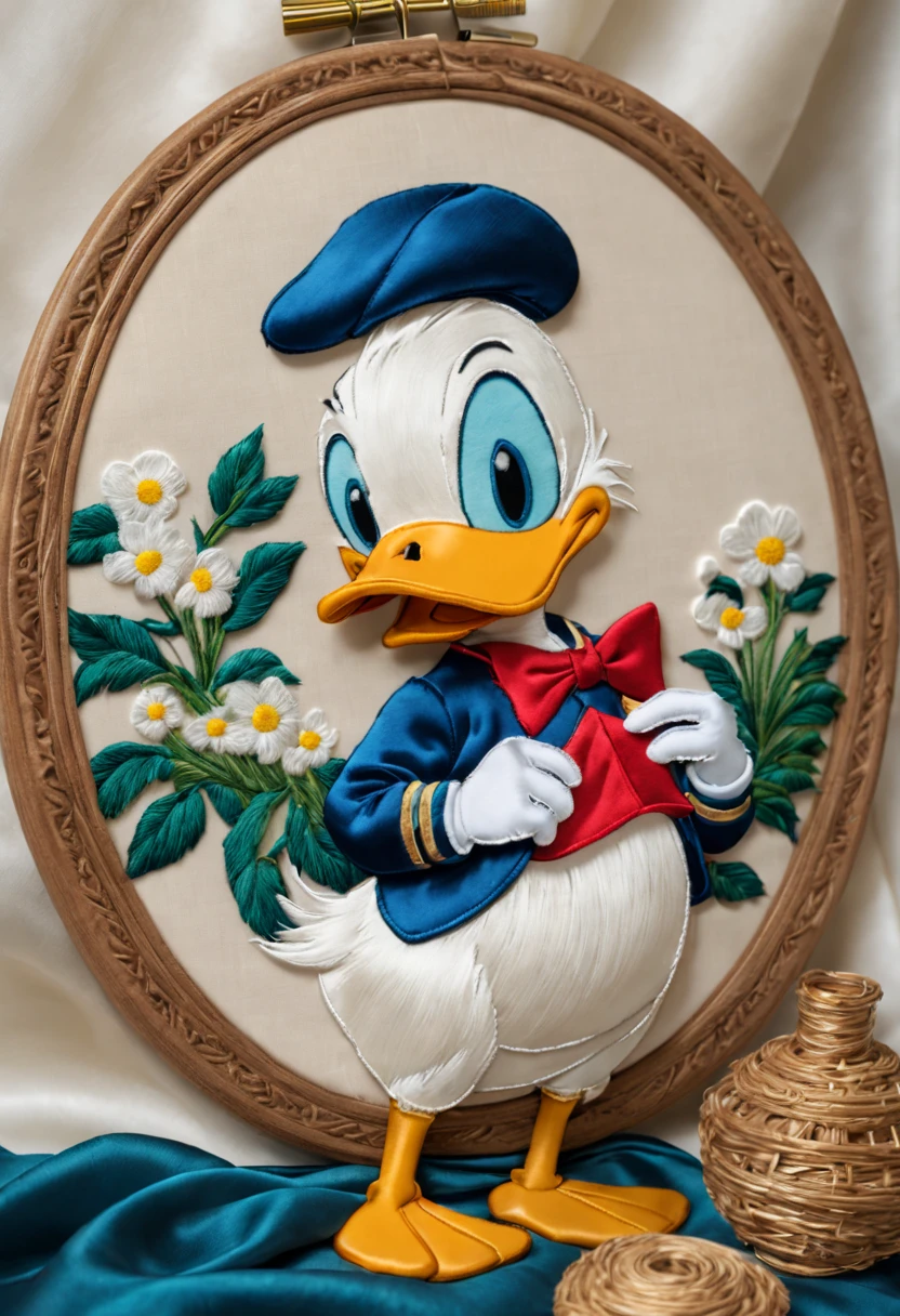 Embroidery Donald Duck on silk