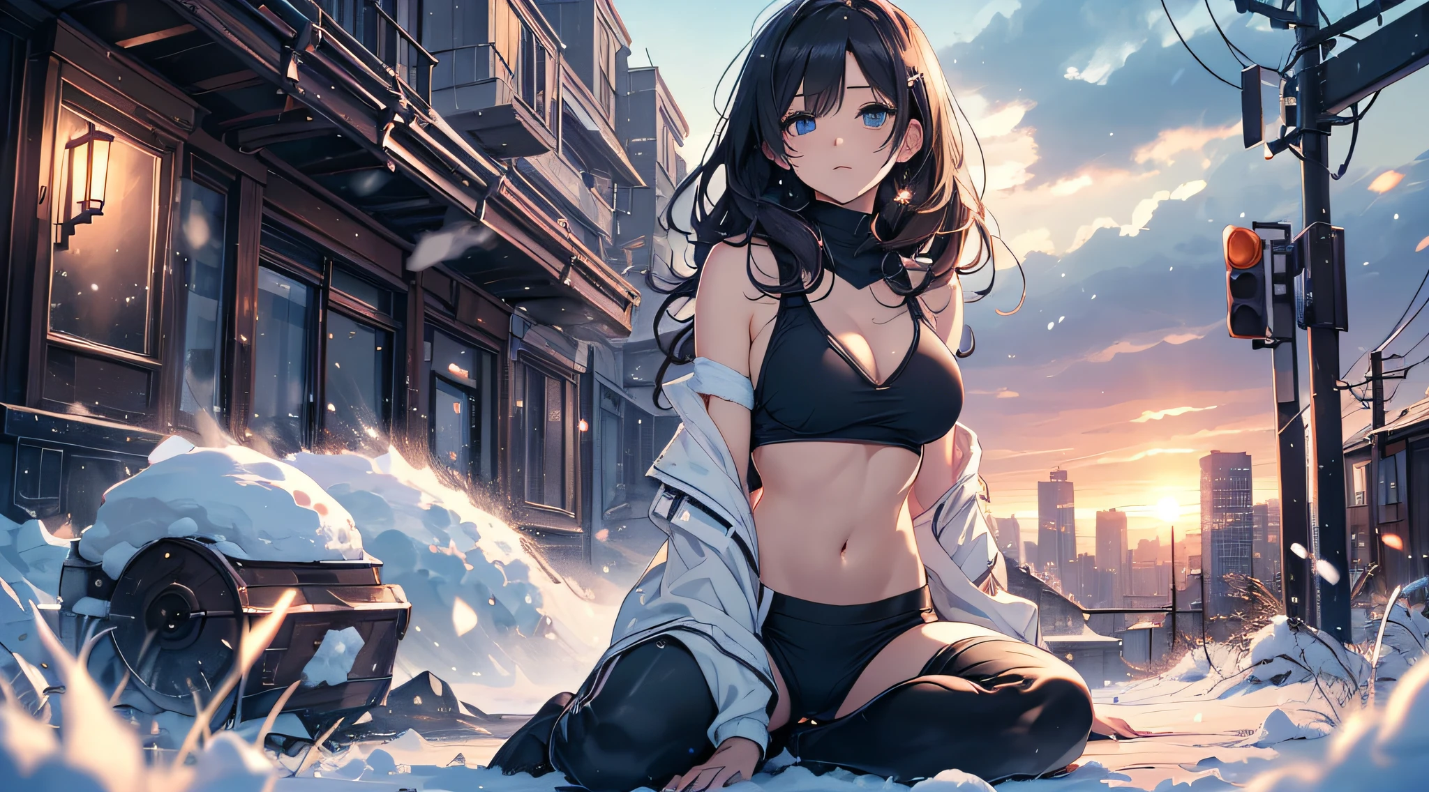 top-quality、Top image quality、masterpiece、 girl((Black Duffel Coat、Black Sports Bra、black trousers、Canned coffee in hand、18year old、 Ager、Best Bust、big bast,Beautiful light blue eyes, Long Black Hair、A slender,Large valleys、Reflecting the whole body、Sit up)),hiquality、Beautiful Art、Background with((snow blowing、glowing sun、city nigth 、Yuki))masterpiece、depth of fields,Japan Anime Style