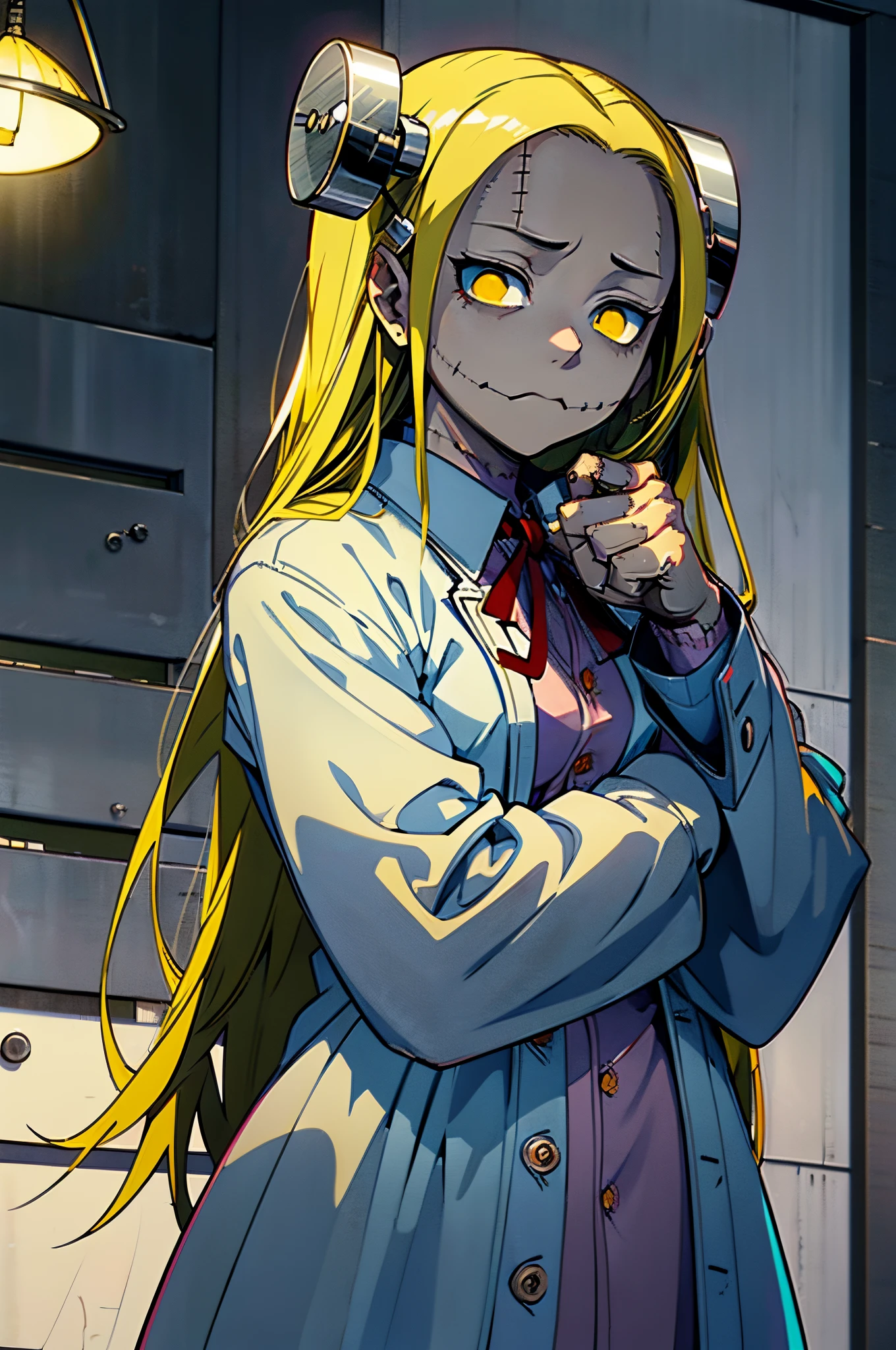 Madaraki_Fran,A girl , points with a finger ,Be mad at me,the madhatter ,surgeon'gown , clear face , Clean hands , hairlong , yellow hair,seams , Scars on the body , A creepy look , scary eyes , An intimidating look , creepy smile , bags under eyes, ((((Tired)))) ,Disgruntled , Resents