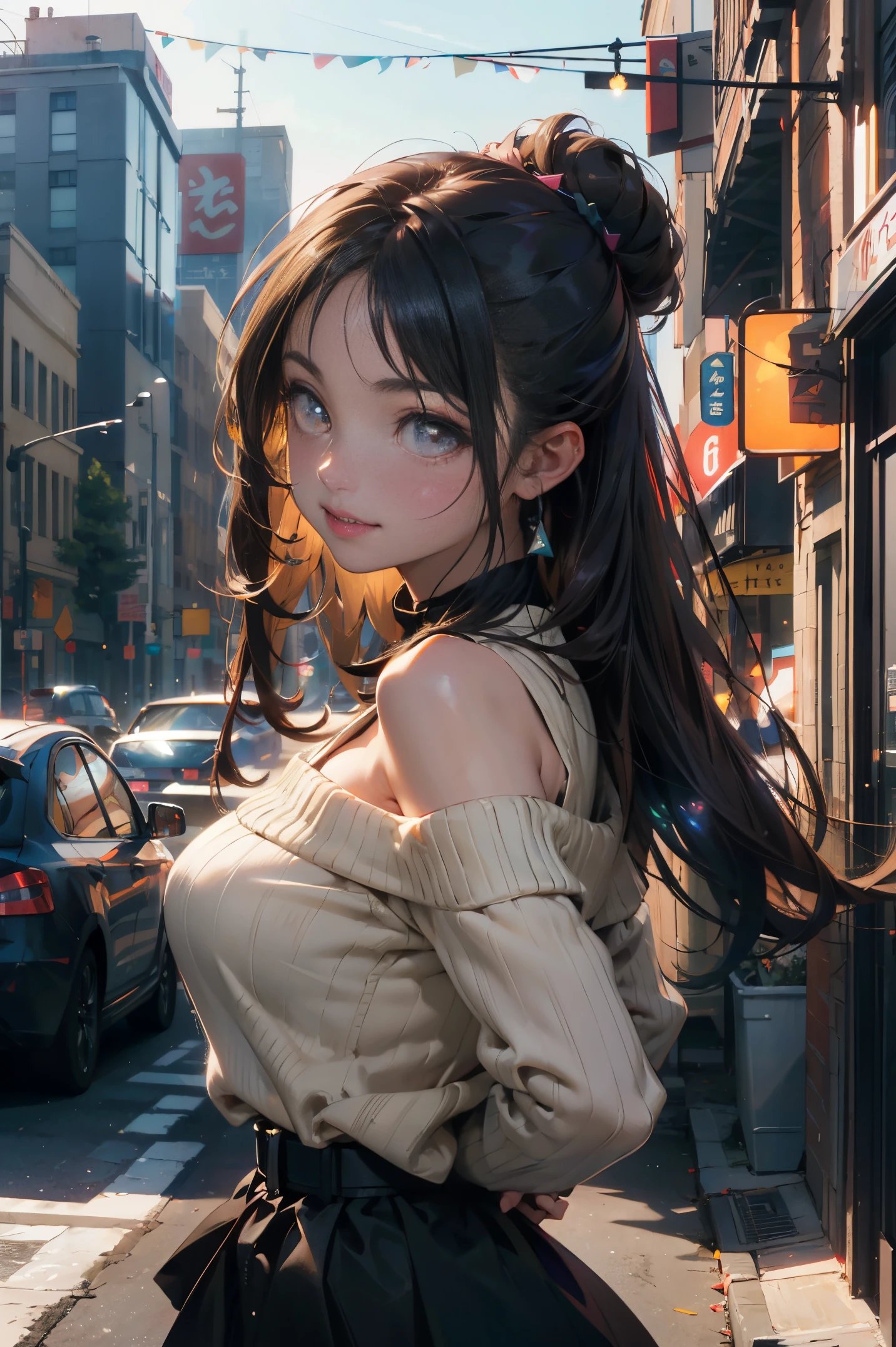 a 20 yo woman、Black blue Hair、poneyTail、Bun hair、Big smile、iridescent eye op fade:1.3)、dark themed、Muted Tones、Subdued Color、highly contrast、(natural skin textures、Hyper-Realism、Soft light、sharp)、8K、masterpiece、 top-quality、The ultra -The high-definition、Top resolution、ighly detailed、Background with、Modern City、Skyscraper、main street、Professonal lighting、电影灯光、extremely details CG、On the side of the street、Holographic Signals、sign、Wide View、Sharp Noor's body pose、Angular focus from behind、Turning Pose、de pele branca、Beautuful Women、23years old、(A detailed eye、Almond Eye、brown right pupil、Gradient Eyes:1、finely detailed beautiful eye:1、Symmetrical eyes:1、big highlight on eyes:1.2)、(Red-brown hair、Bob Hair、The non-target hair on the left and right is disordered.)、(long skirt、with a belt、long court、Sweater off-shoulder 、beige colors、Hand-knitted neck muffler)、Beautiful long and thin hip line、Beautiful spine、constricted back、Toned waist、Hip line emphasis、cheeks are a little red、beutiful breast、Breast is an A cup) 、(Round face: 1.4)、(Fine fingers、detailed arms、detailed human hands)、laughter half open、teeth showing、Beautiful hip line