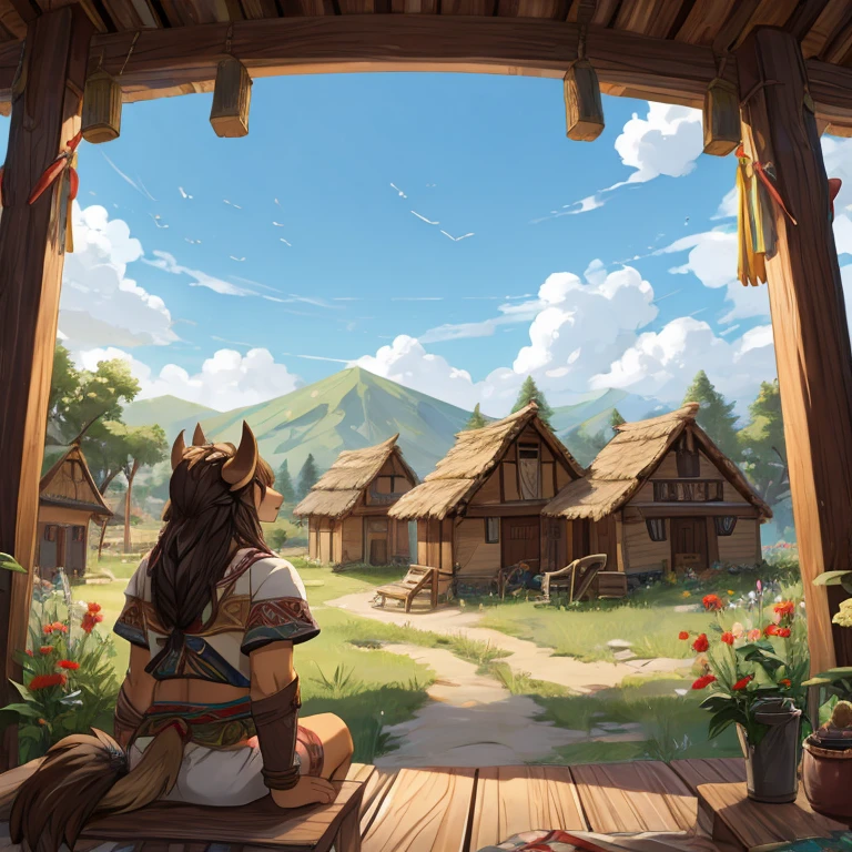 female tauren,looking to sky,Not far away is a village