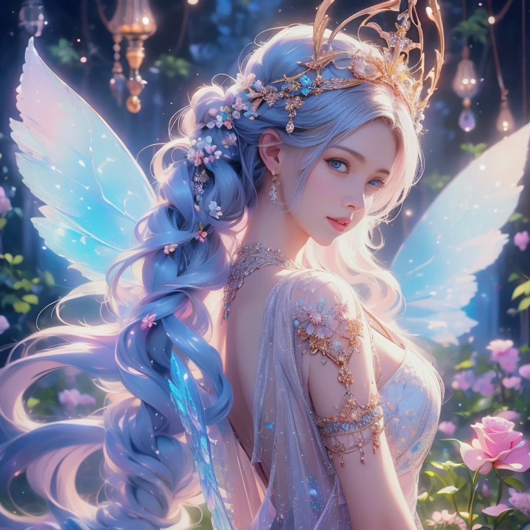 Fairy girl with beautiful transparent flowers on her upper body, 1 only,Alone,Transparent and colorful wings, The wand flutters in the wind､The wand flashed in the starlight，Golden wand，Beautiful blue sky and white clouds、Girls have transparent wings､kindly smile､beautiful garden background､Gentle and transparent，anatomy correct, Delicate pattern，Space for pink roses, Soft lighting, ( Bokeh)，masutepiece, super detailed, epic composition, Highest Quality, 8K，Epic Romantic Fantasy Digital Art，Epic fairytale fantasy digital art，Mythological fantasy，UHD resolution，Detailed Detail Drawing，realisticlying，Very realistic，cinmatic lighting,award - winning photo,rich colours，ultra realistic lifelike textures，dramatic  lighting