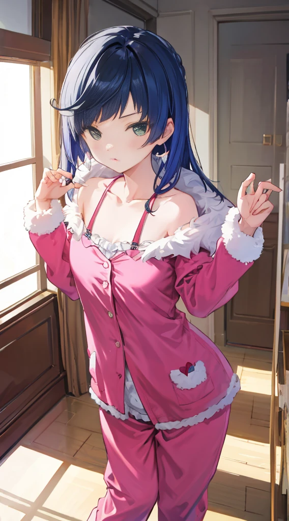 in sexy pajamas, Graceful posture, coquettish, Study room, sofe, random charming actions, facing at the camera, lmaginative, first love