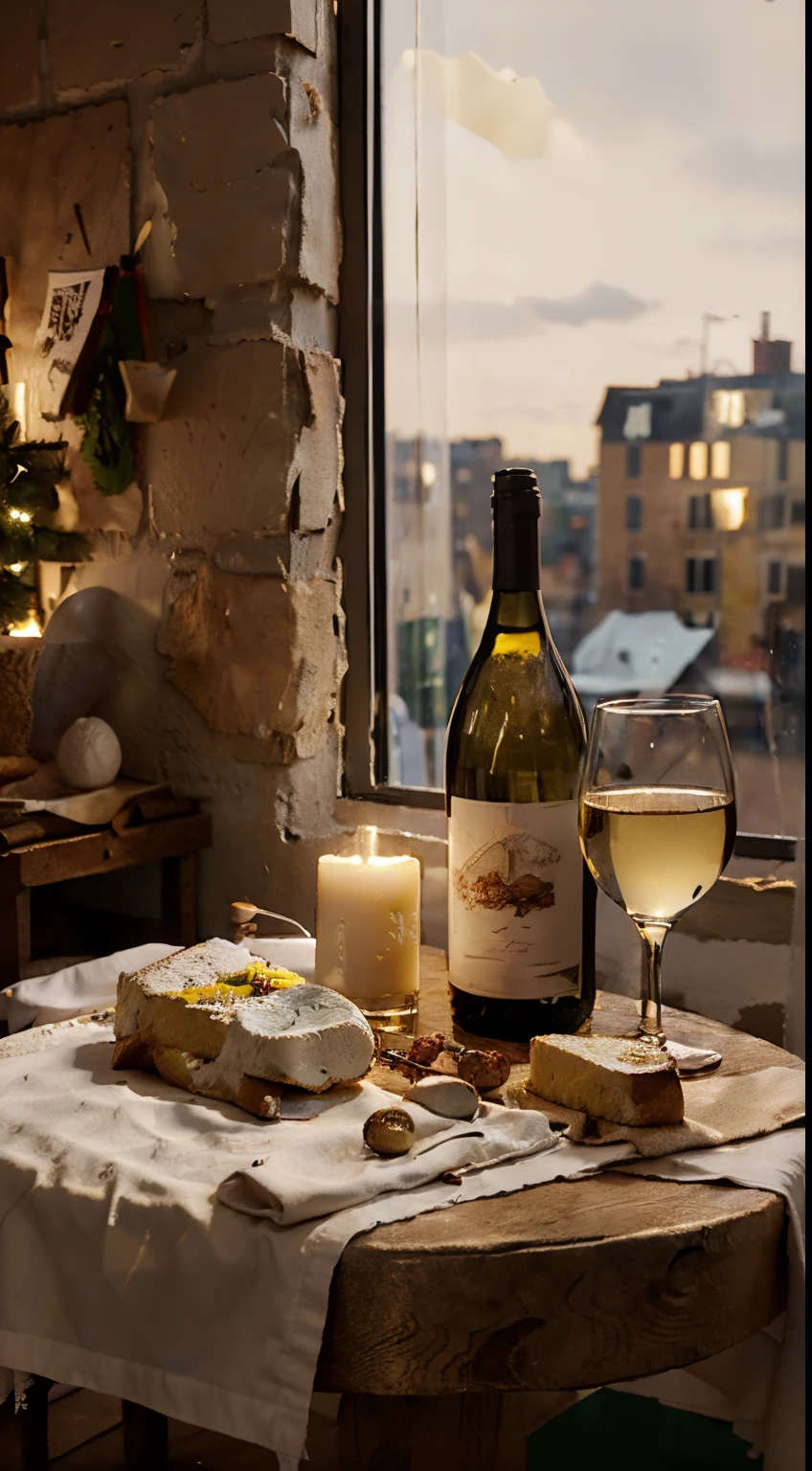 Close-up of the scene，scene capture，photore，tmasterpiece，There is a bottle of white wine on the table、bread and cheese, Napkins and goblets, Window lighting , Background curtains, Still life impasto painting , Deep dark background, white wine label, festive atmosphere，c4d，Empty product display scene，Front view，first person perspective，Heads-up shooting，Real-world scenarios，without humans