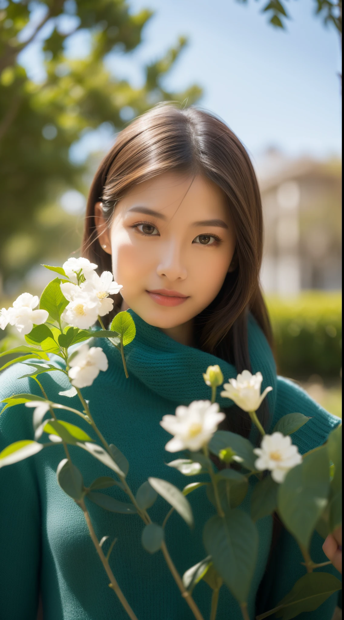 Menina japonesa，(8k, Foto RAW, best quality, master part:1.2), (Realistic, photo-realistic:1.37),1 girl, foto de corpo inteiro, cabelos pretos, flowing hair, beleza nebulosa, extremely beautiful facial features, vestido branco bordado, hairpins on your head, deitado em um arbusto de flores, hand dragging chin, perfect hand, flor branca, (primavera, Dia chuvoso, terraces, Montanhas),  arte vetorial, contemporary Chinese art, luz suave, tangled scarf, negligenciar