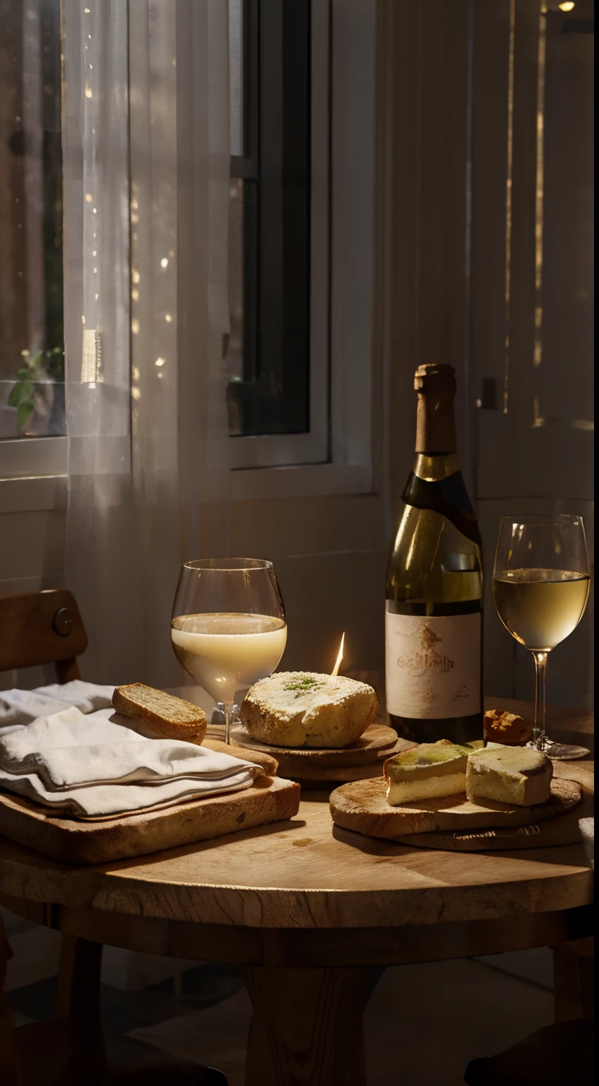 Close-up of the scene，scene capture，photore，tmasterpiece，There is a bottle of white wine on the table、bread and cheese, Napkins and goblets, Window lighting , Background curtains, Still life impasto painting , Deep dark background, white wine label, festive atmosphere，c4d，Empty product display scene，Front view，first person perspective，Heads-up shooting，Real-world scenarios，without humans