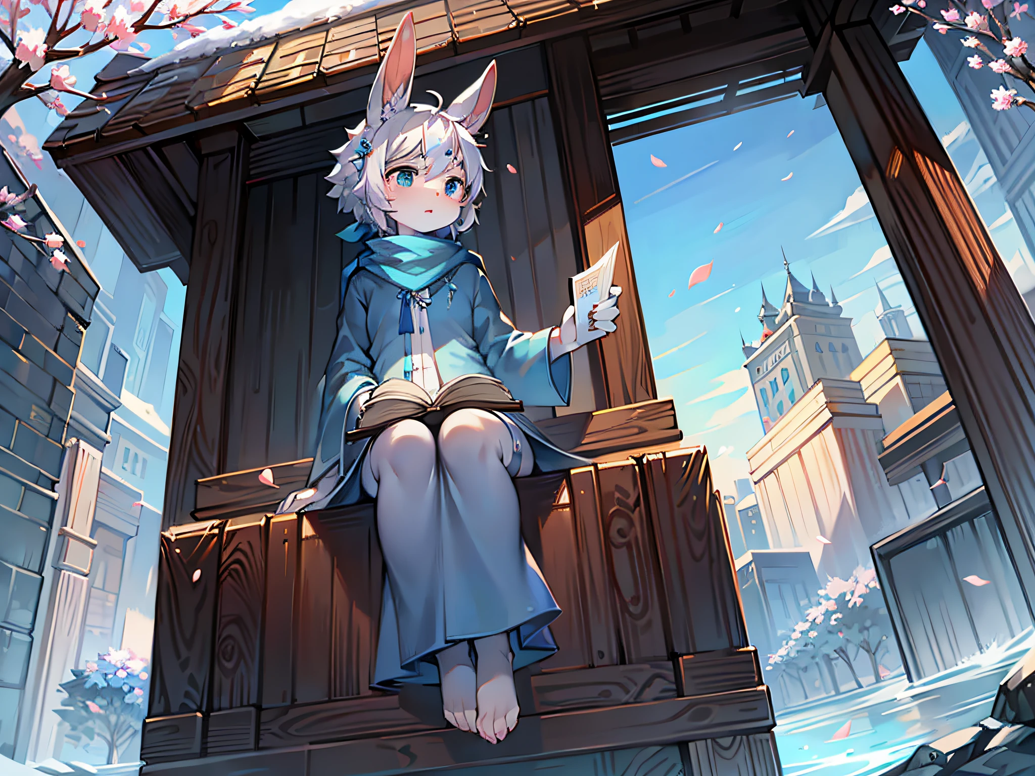 A white rabbit,Long blue scarf,long blue robes,sitting on a rock,Blue scarf,Clear blue sky,Long rabbit ear hair,long sleeves shirt,shota,white color hair,Fluttering petals,k hd,The face is clear,quill,snowflower,parchment,Lamei,Plum blossom branches,holding two books in hand,cute hairpin