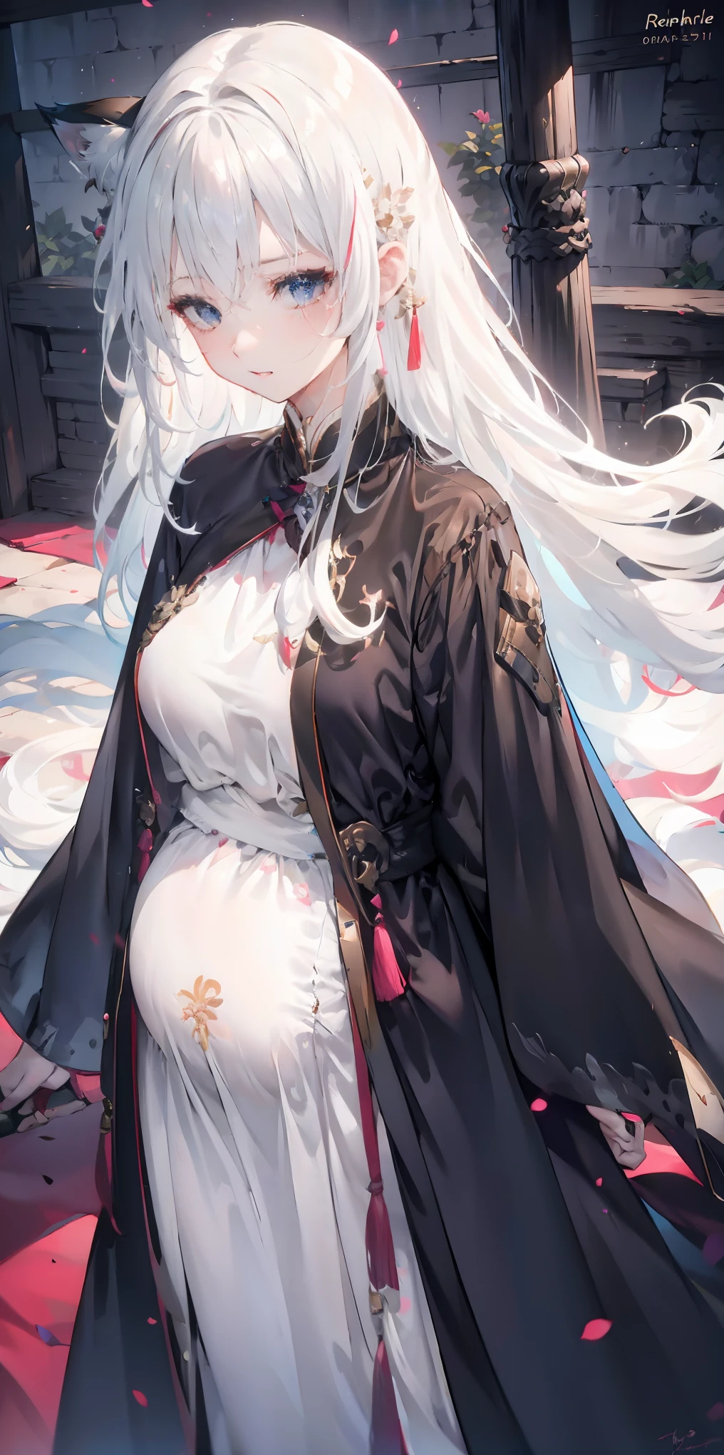 Fox ears, white ash hair, anime girl, black shirt, white skirt, (black cloak:1.2), pale face, sweating, heavy breath, blushing, pregnancy  dresest quality:1.2), ultra-detailed,realistic ,portraits, vivid colors, soft lighting, interesting PoV, stocking, straight hair, pregnant, Pregnant  belly,