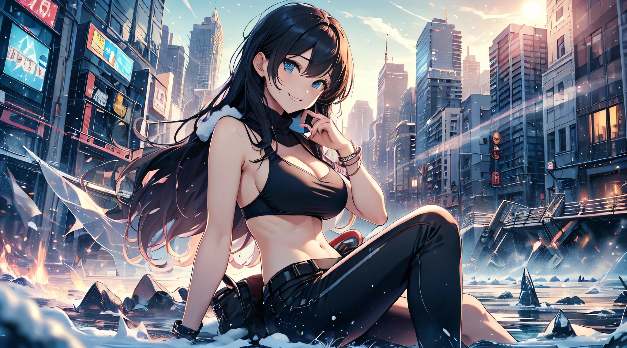 top-quality、Top image quality、masterpiece、 girl((Black Duffel Coat、Black Sports Bra、black trousers、Canned coffee in hand、18year old、 Ager、Best Bust、big bast,Beautiful light blue eyes, Long Black Hair、A slender,Large valleys、Reflecting the whole body、Sit up、grin、Spread your legs apart、sexypose)),hiquality、Beautiful Art、Background with((snow blowing、glowing sun、city nigth 、Yuki))masterpiece、depth of fields,Japan Anime Style