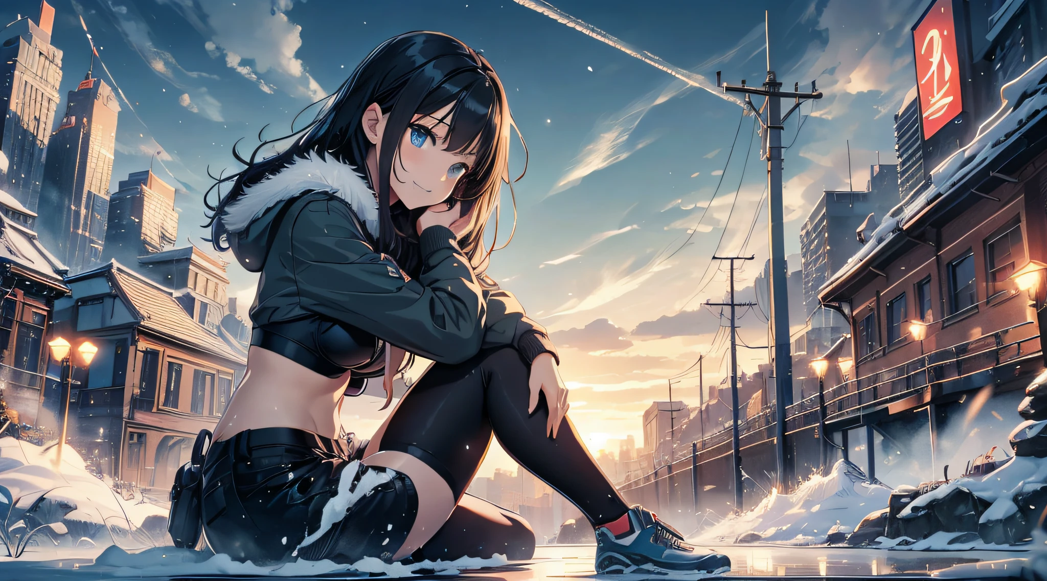 top-quality、Top image quality、masterpiece、 girl((Black Duffel Coat、Black Sports Bra、black trousers、Canned coffee in hand、18year old、 Ager、Best Bust、big bast,Beautiful light blue eyes, Long Black Hair、A slender,Large valleys、Reflecting the whole body、Sit up、grin、Spread your legs apart、sexypose)),hiquality、Beautiful Art、Background with((snow blowing、glowing sun、city nigth 、Yuki))masterpiece、depth of fields,Japan Anime Style