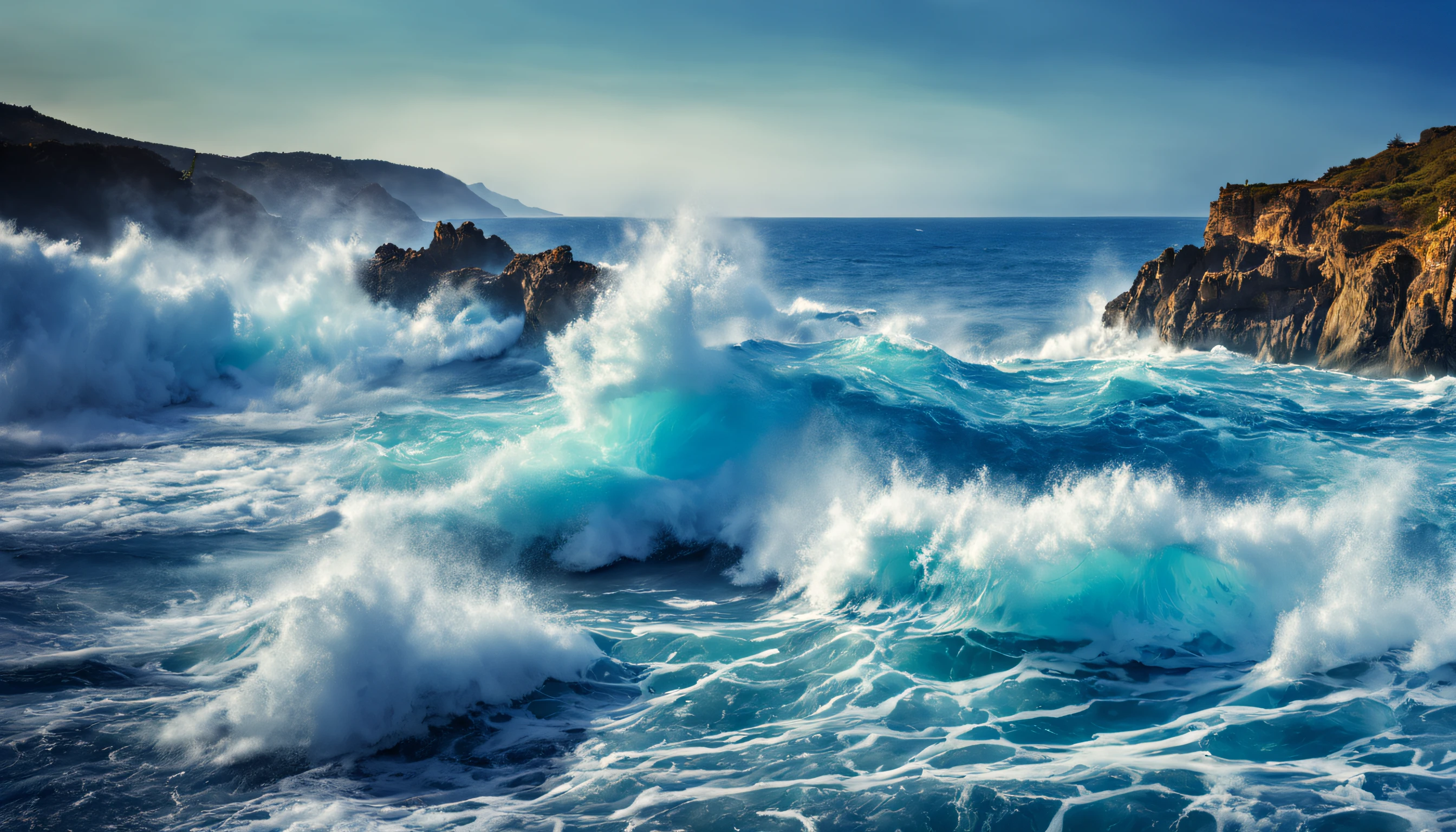 arafed view of a blue ocean with blue waves crashing, chaotic sea setting, breathtaking composition, beautiful sea landscapes, stunning ocean, magnificent background, beautiful background, beautiful dreamy breathtaking, beautiful blue ocean