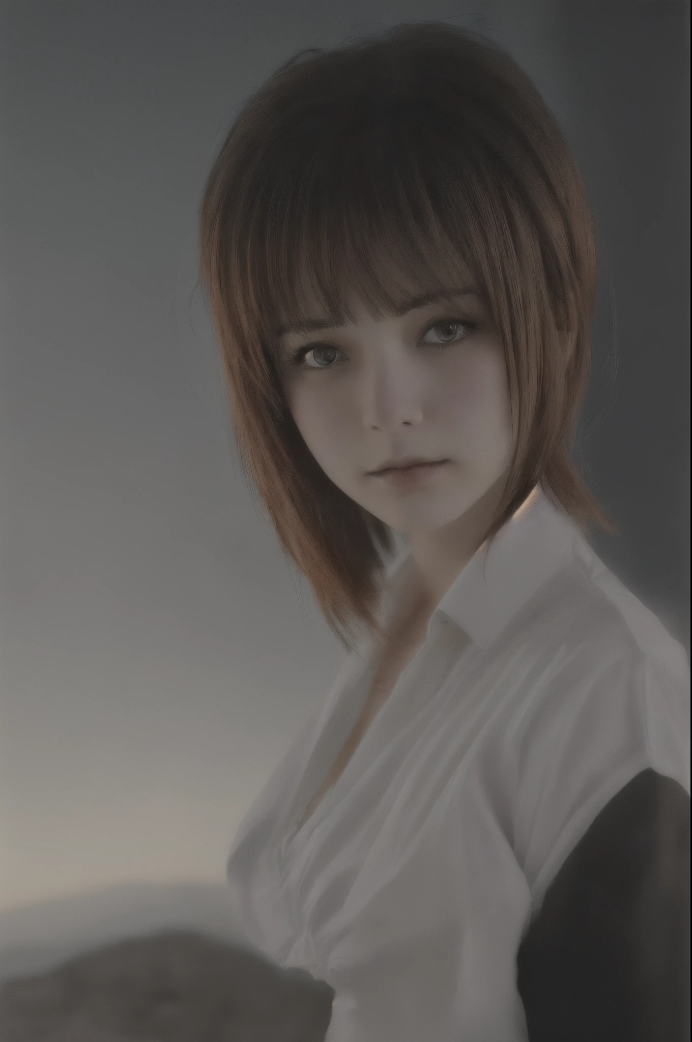 (Realisttic:1.2), Clannad Style, cute woman with short hair and red bangs, red eyes, (Gloomy and dark atmosphere, poor natural light, sexy, pleadure, great quality, Masterpiece, Better Performance, 16k quality, HDR, analog photo style