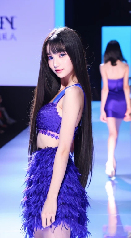 A medium high girl with long straight blue hair and blue eyes with bright skin and very good body shape with a long purple drees on a fashion show