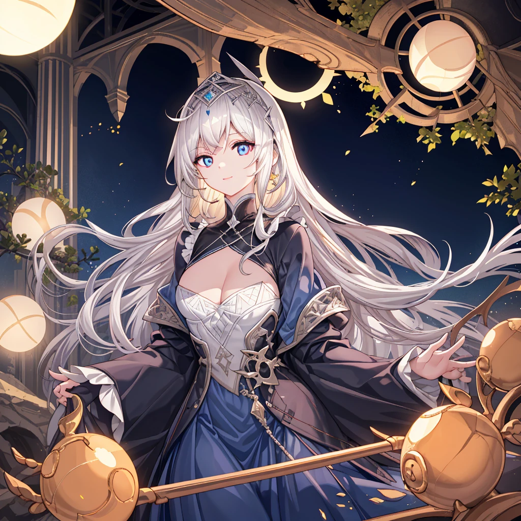 chies，one-girl，long white-blond hair，Blue pupils，hijabi sluty，Split Sister Dress，ssmile，Half open eyeeautiful skins，Glowing skin，Bigchest，moody light，and the sun was shining brightly，8k，hyper-detailing，tmasterpiece