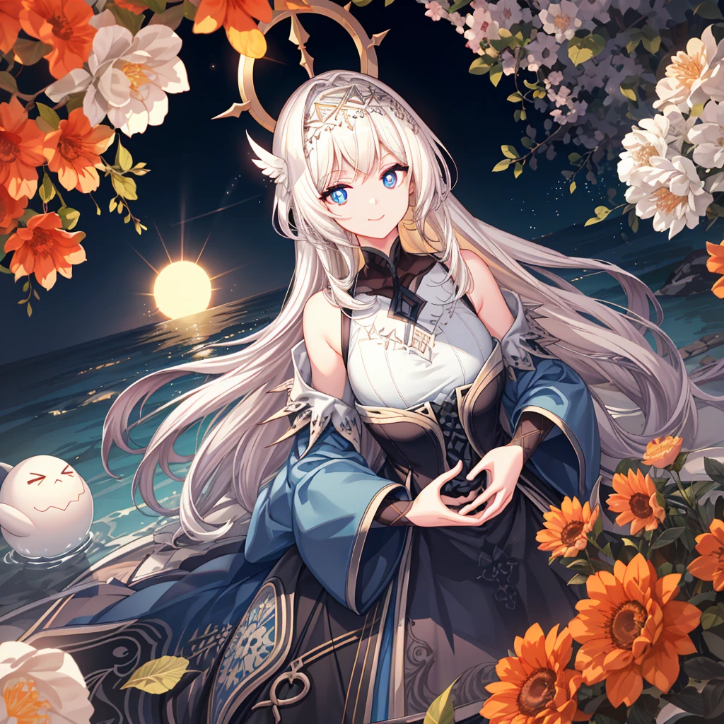 chies,one-girl,long white-blond hair,Blue pupils,hijabi sluty,Split Sister Dress,ssmile,Half open eyeeautiful skins,Glowing skin,Bigchest,moody light,and the sun was shining brightly,8k,hyper-detailing,tmasterpiece