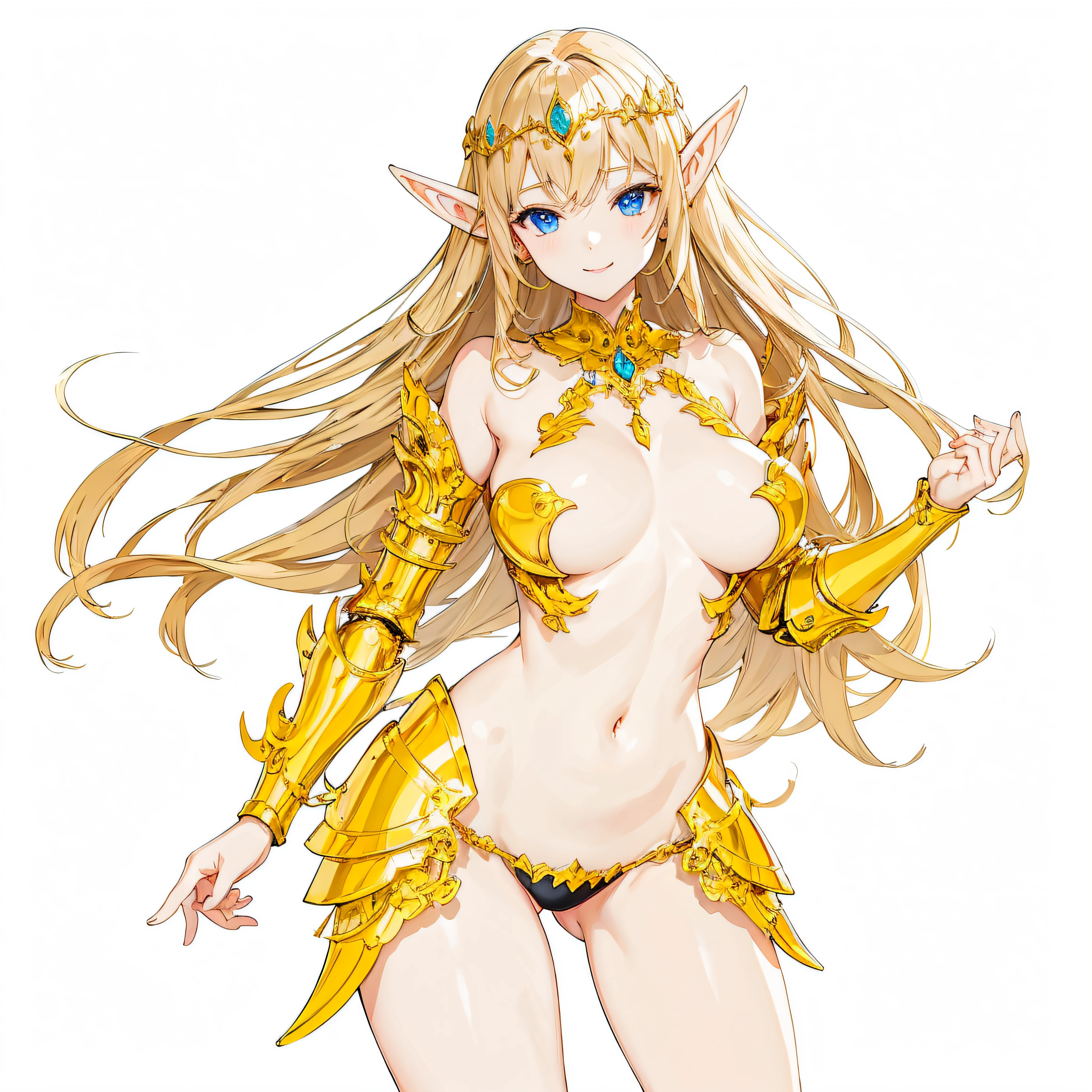 ​masterpiece、top-quality、ighly detailed、hight resolution、１６ｋ、fullnude、teats、Teetoob proportions、golden armour、Very thin skirt、Black pants、Very white skin、Beautiful fingers、Anime girl with very big breasts posing naked、Perfect Style、elvish、no-bra、Blonde blue-eyed、A smile、An elf girl、slim the contours