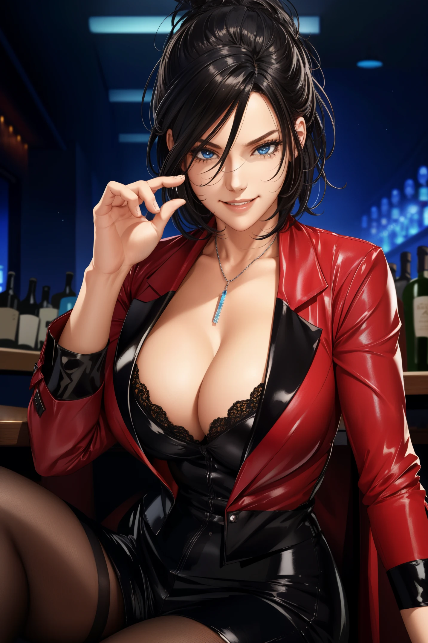 portrait photo of elexissinclaire wearing esjacket at a nightclub sitting at bar, wicked smile, (masterpiece) (best quality) (detailed) (8k) (HDR) (wallpaper) (cinematic lighting) (sharp focus) (intricate)