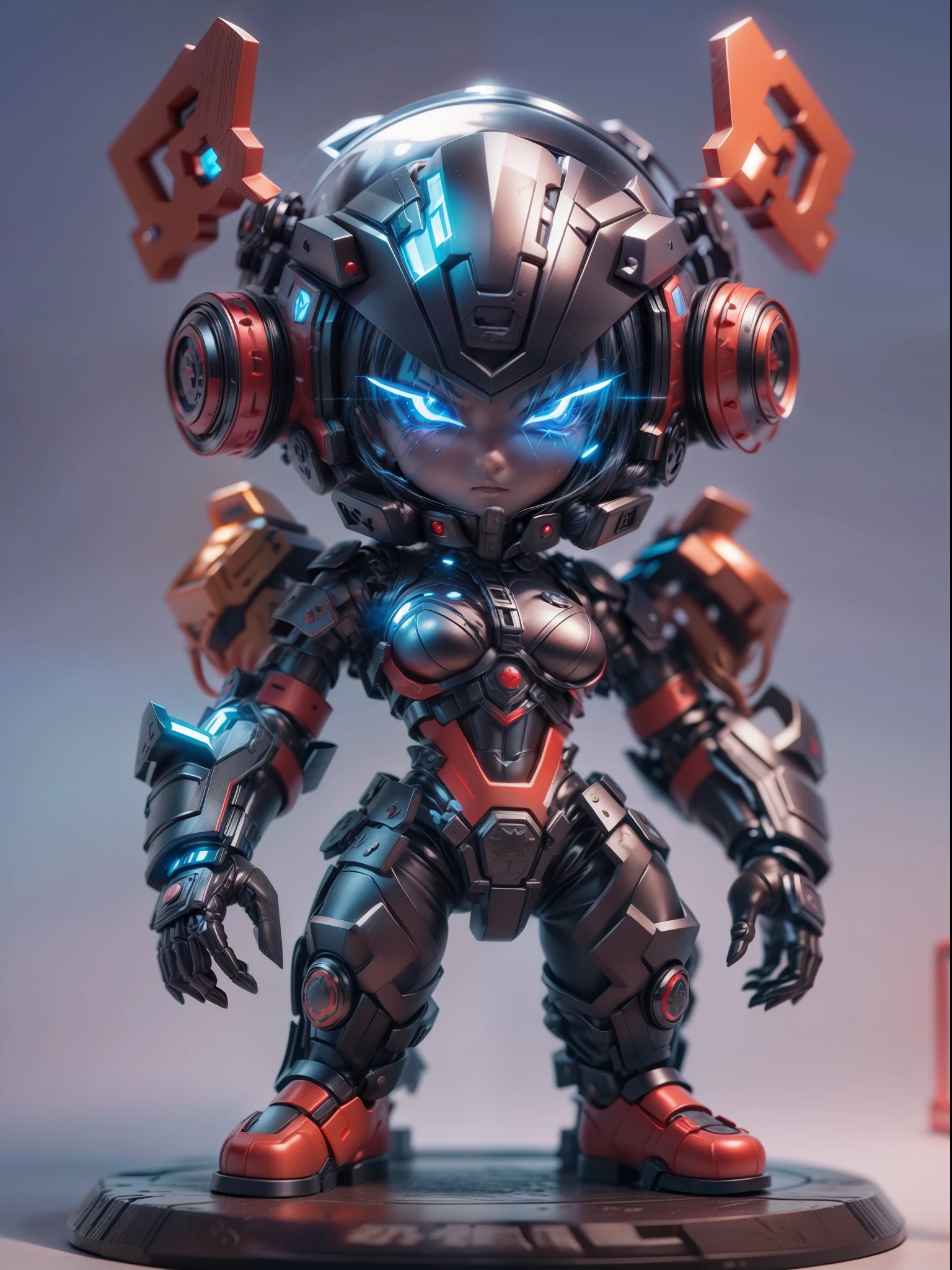 (Blind box toy style:1.2), (Full body shot) , 1 cute strong metal mage, Metal mech，Metal opaque helmet, cyber punk perssonage, dreamy glow, Clean, Black draft,red and blue style， ( Global illumination, Ray traching, hdr, unreal render,reasonable design, high detal, Masterpiece, Best quality, hyper HD, Cinematic lighting)