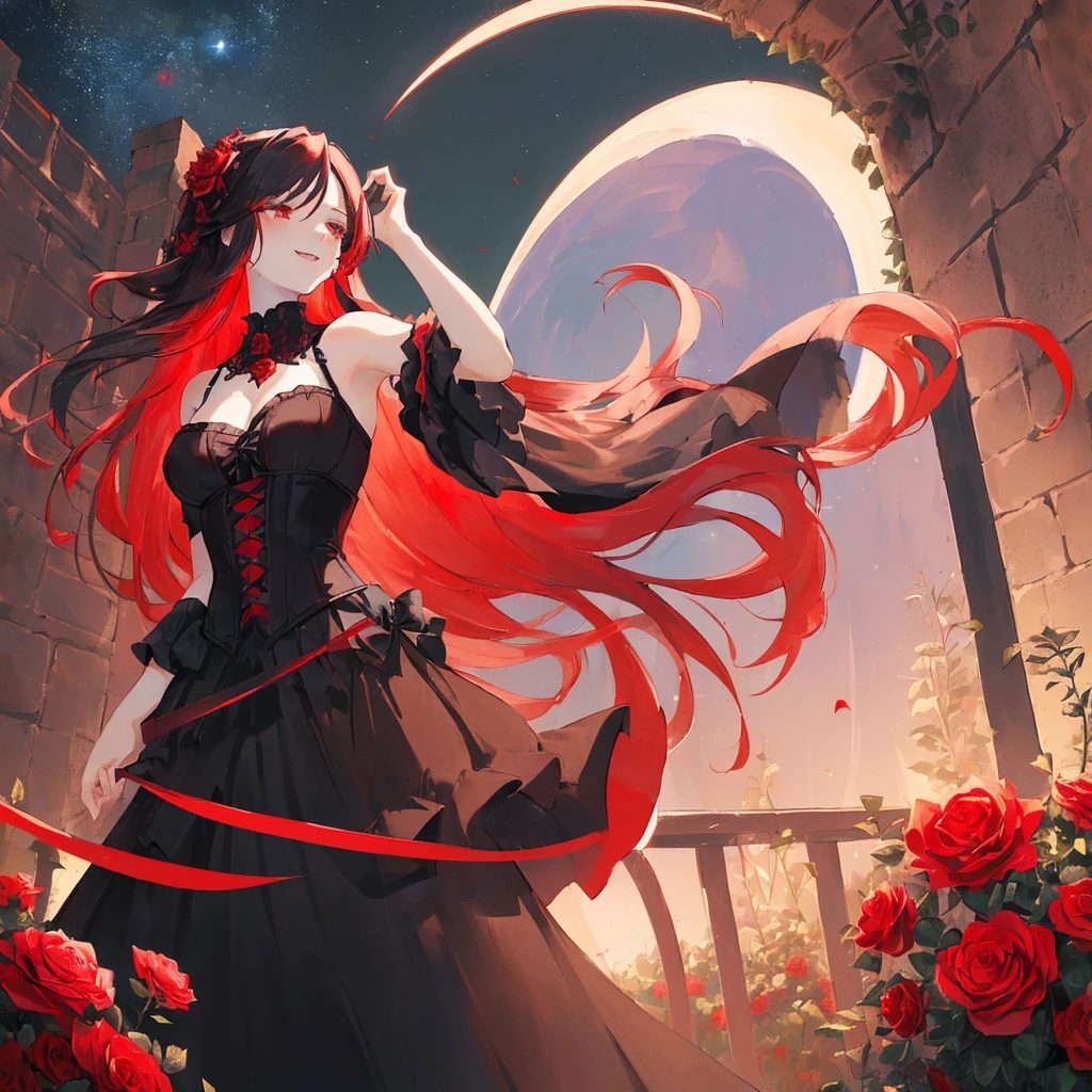 happy,(((masterpiece))),best quality,,black corset dress,(((Hair length to the shoulders))),from below,red long hair, (1 girl),hand in own hair,rose flower garden,wind,red eye,looking up,((night sky)),((red moon)),standing