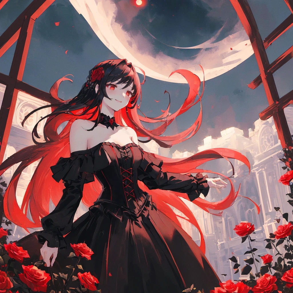 happy,(((masterpiece))),best quality,,black corset dress,(((Hair length to the shoulders))),from below,red long hair, (1 girl),hand in own hair,rose flower garden,wind,red eye,looking up,((night sky)),((red moon)),standing