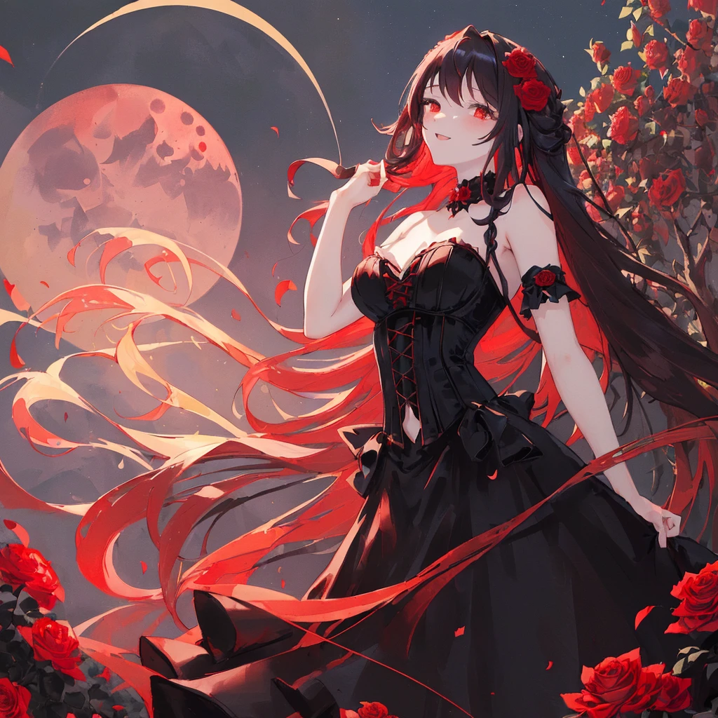 happy,(((masterpiece))),best quality,,black corset dress,(((Hair length to the shoulders))),from below,red long hair, (1 girl),hand in own hair,rose flower garden,wind,red eye,looking up,((night sky)),((red moon)),standing