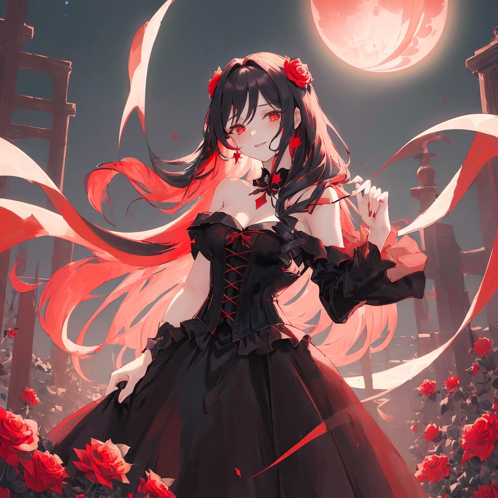happy,(((masterpiece))),best quality,,black corset dress,(((Hair length to the shoulders))),from below,red long hair, (1 girl),hand in own hair,rose flower garden,wind,red eye,looking up,((night sky)),((red moon)),standing