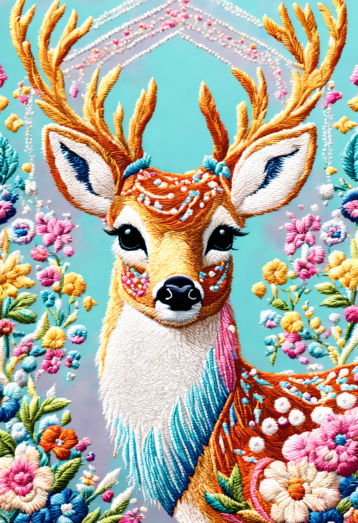 (masterpiece),best quality, ultra detailed, (Absurdres:1.2), cute embroidered deer, 8k, pastel triadic colors