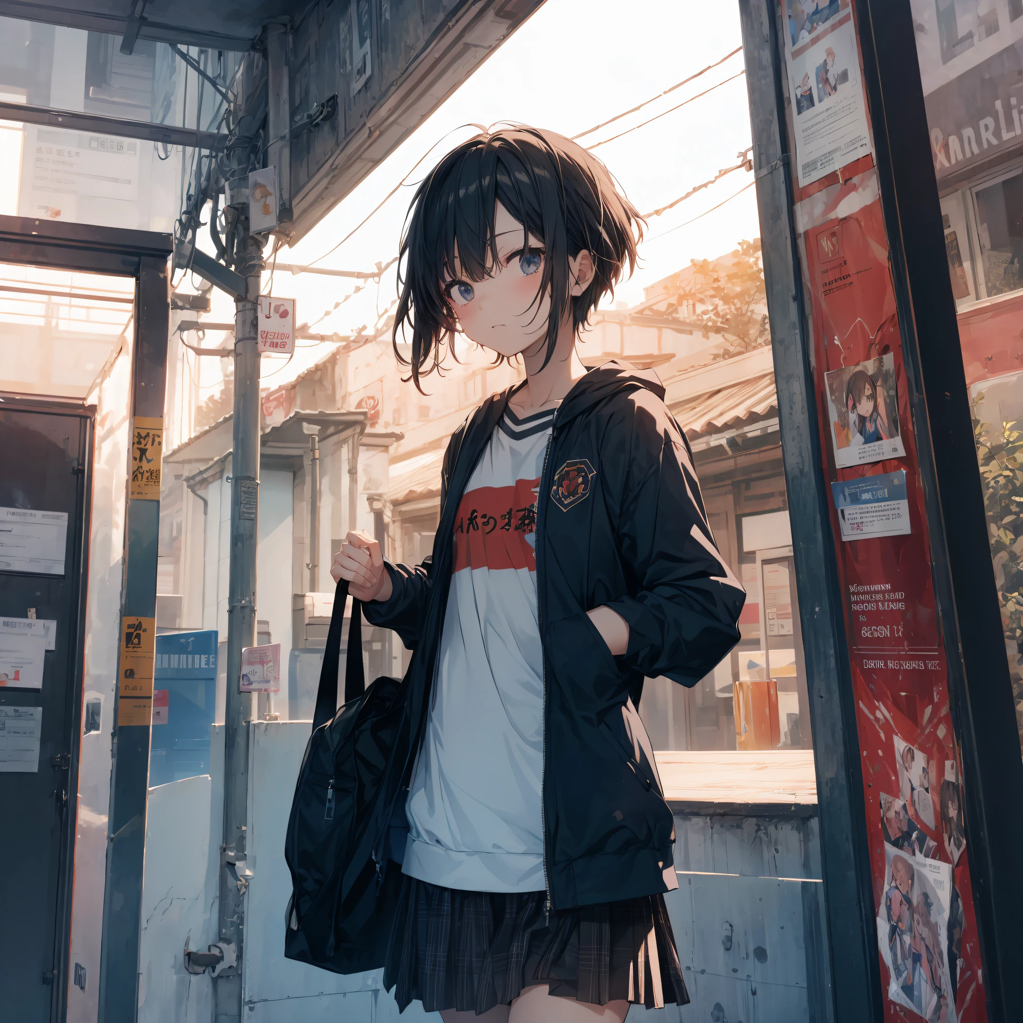 Super high quality by the art god, Ultra-detailed, High resolution, anime moe art style, Best Anime 8K Konachan Wallpapers, Pixiv Contest Winner, Perfect Anatomy, BREAK,(Draw a girl sleepily walking to school. ),BREAK, 1girl in, (Solo,Lori,child,13years:1.3),Full limbs, complete fingers,a junior high school student, Androgynous attraction, (Very short hair), Sleeping hair, hair messy, flat chest, Small butt, groin, Small eyes,Beautiful detailed black eyes, Well-proportioned iris and pupils, disgusted eye, High resolution detailed hair, School uniform, Skirt, On the way to school. BREAK,super detailed skin, Best lighting by famous artists, 8K, Illustration,