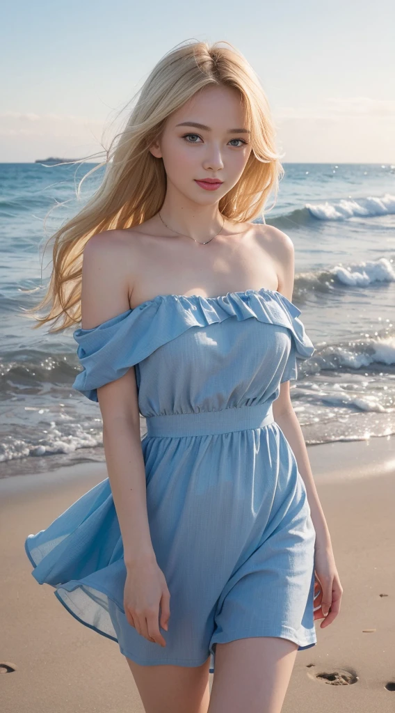 (masterpiece, best quality:1.5), highest quality, High resolution, super detailed, Realists, Chest up photo of a 22-year-old redhead woman, detailed and beautiful eyes, beautiful detailed lips, very detailed eyes and face, longeyelashes, 22-year-old woman in a summer dress, Beautiful and colorful makeup, elegant and noble々Pose,shiny satin headband,, Beach and sea as background, bright daylight, bright colors, fine brushstrokes, Portrait style, beautiful color palette, glowing skin, First-class rendering, that captures every detail, enchanting atmosphere, (perfect anatomy:1.2), (The stunning woman is wearing a short blue summer dress... She smiles flirtatiously. her arms above her head, Showcasing her figure (magnificent panorama view:1.2)