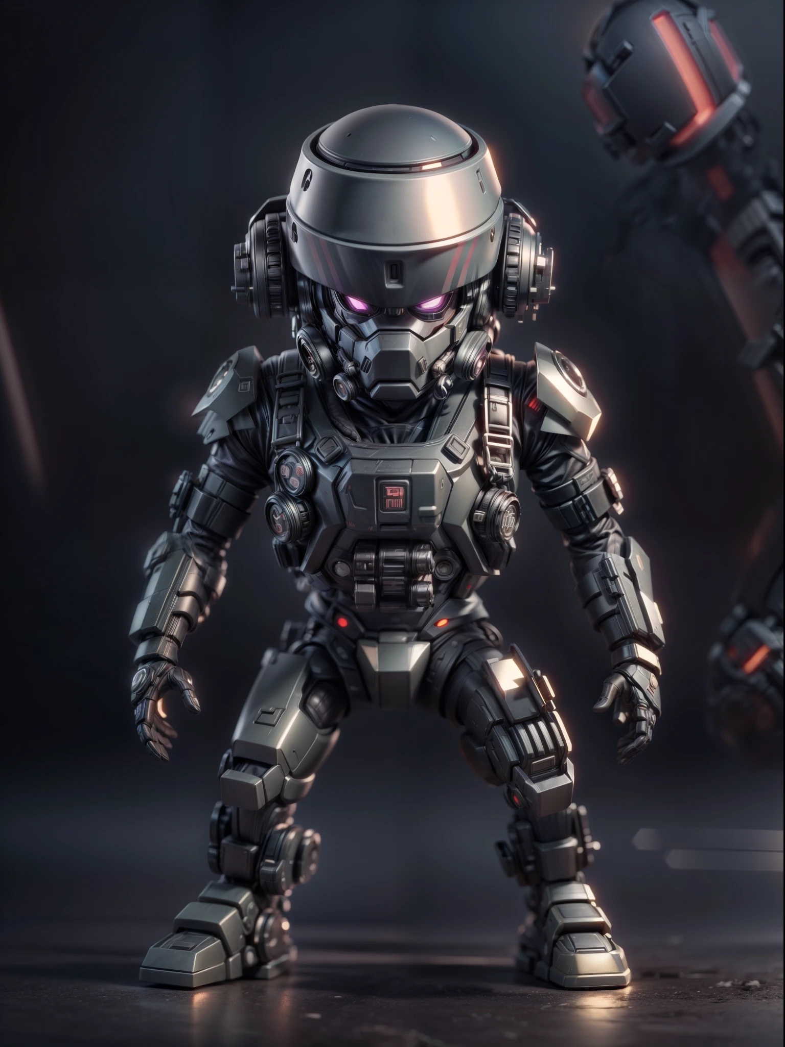 (Blind box toy style:1.2), (Full body shot) , 1 cute fat metal male machine gunner, Metal mech,Metal opaque helmet, cyber punk perssonage, dreamy glow, Clean, Black draft,Purple and black style,(circular base) ( Global illumination, Ray traching, hdr, unreal render,reasonable design, high detal, Masterpiece, Best quality, hyper HD, Cinematic lighting)