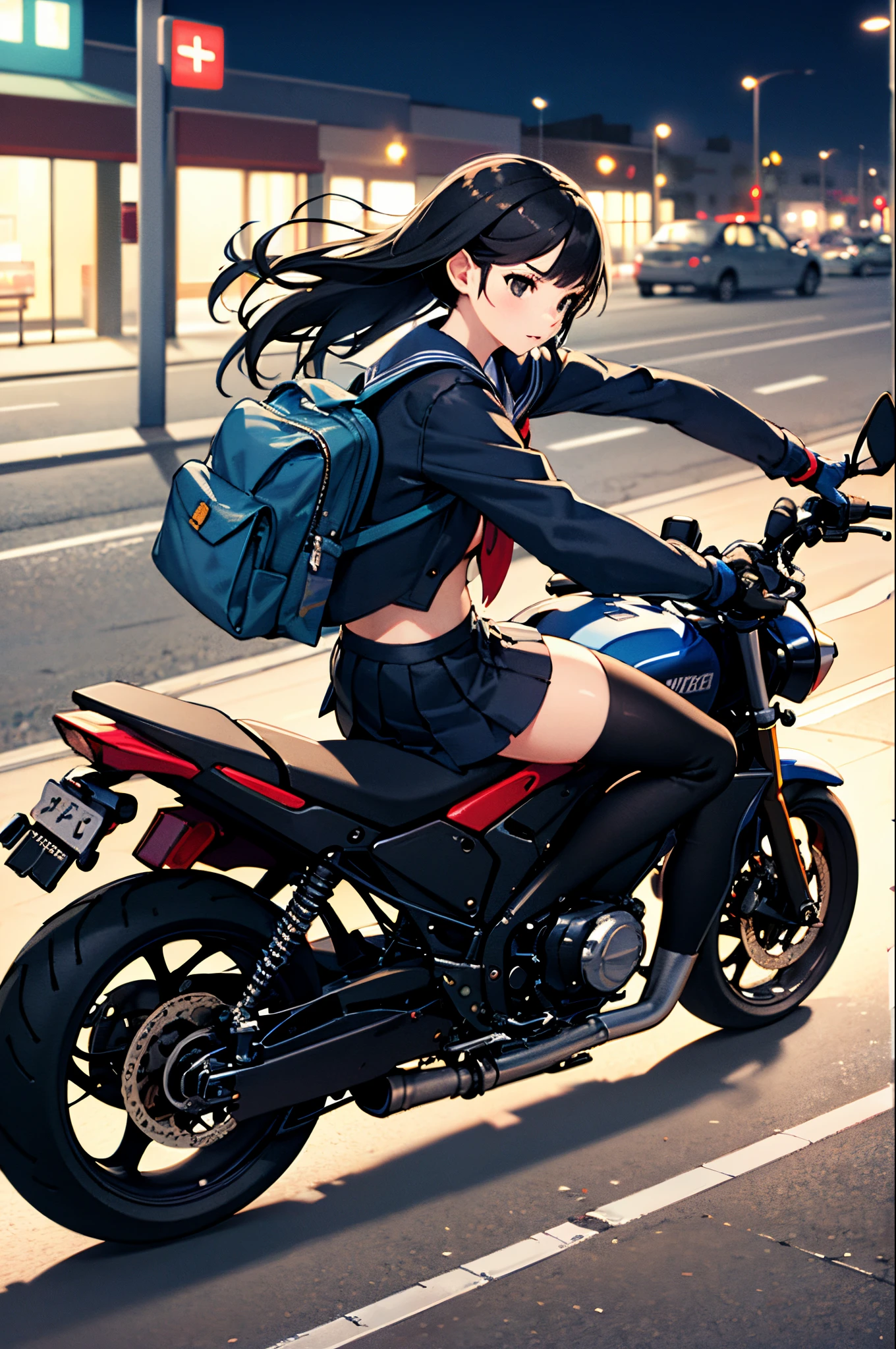 masterpiece, best quality, 1girl, solo, jacket, school uniform, serafuku, thighhighs, wearing gloves, wearing backpack, black hair, black eyes, cyberpunk, street, machinery, motor vehicle, motorcycle, panorama, wearing helmet, speed line, depth of field, motion blur, perspective, panorama, riding, floating hair, night, neon trim, hand on hand grip,