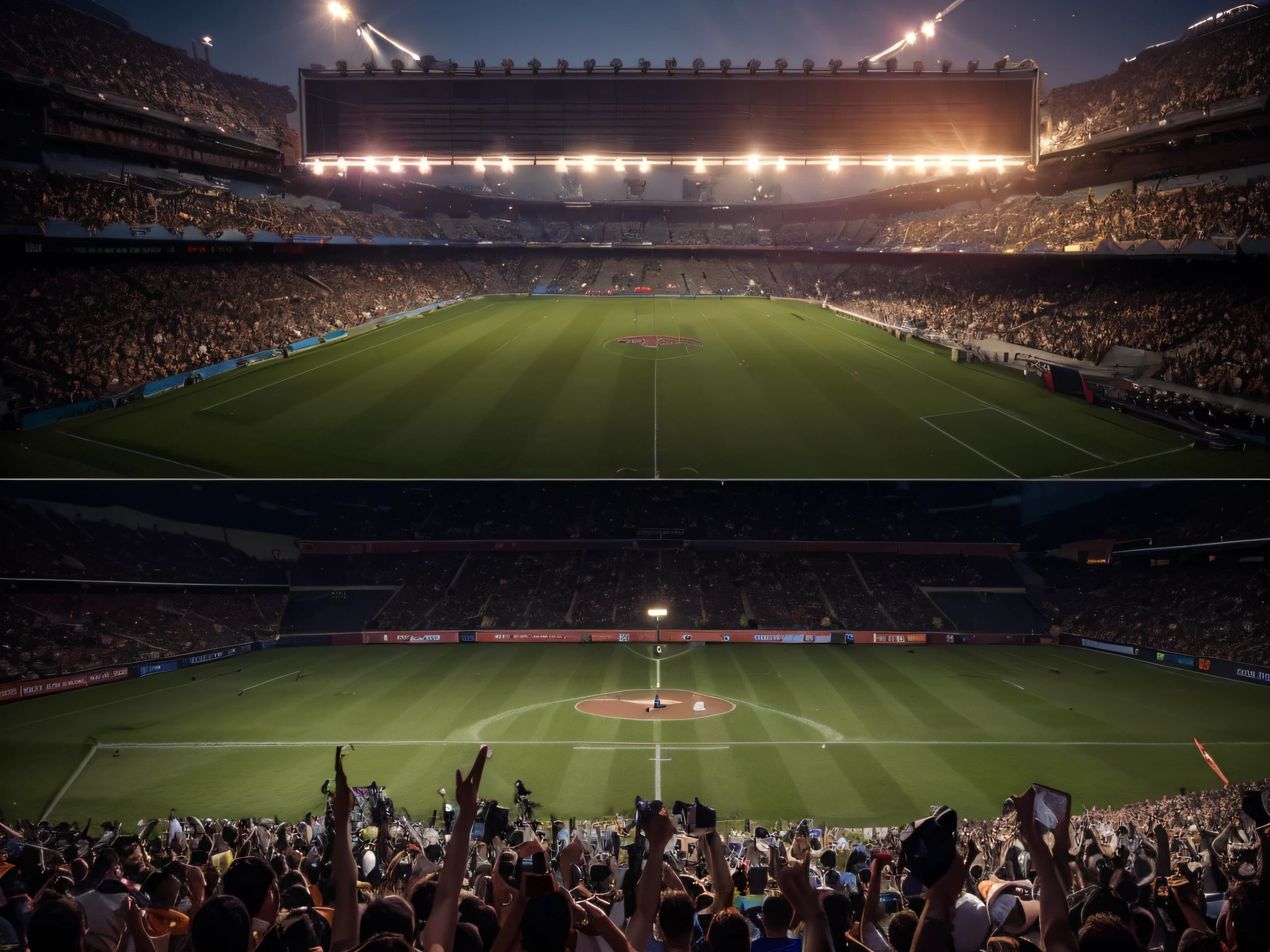 ((Best quality at best, 8K, tmasterpiece :1.3)), Focus sharp :1.2,In the middle is a green lawn football field,Twilight Hour,surrounded by cheering crowds,Dark red tones,original style,high saturated,